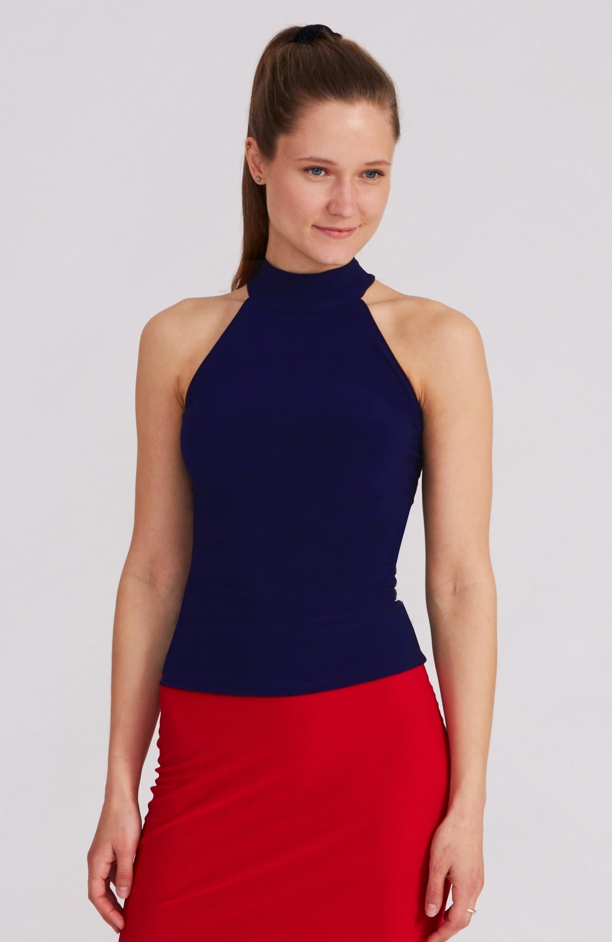 STELLA Fitted Neckholder Top in Navy Blue
