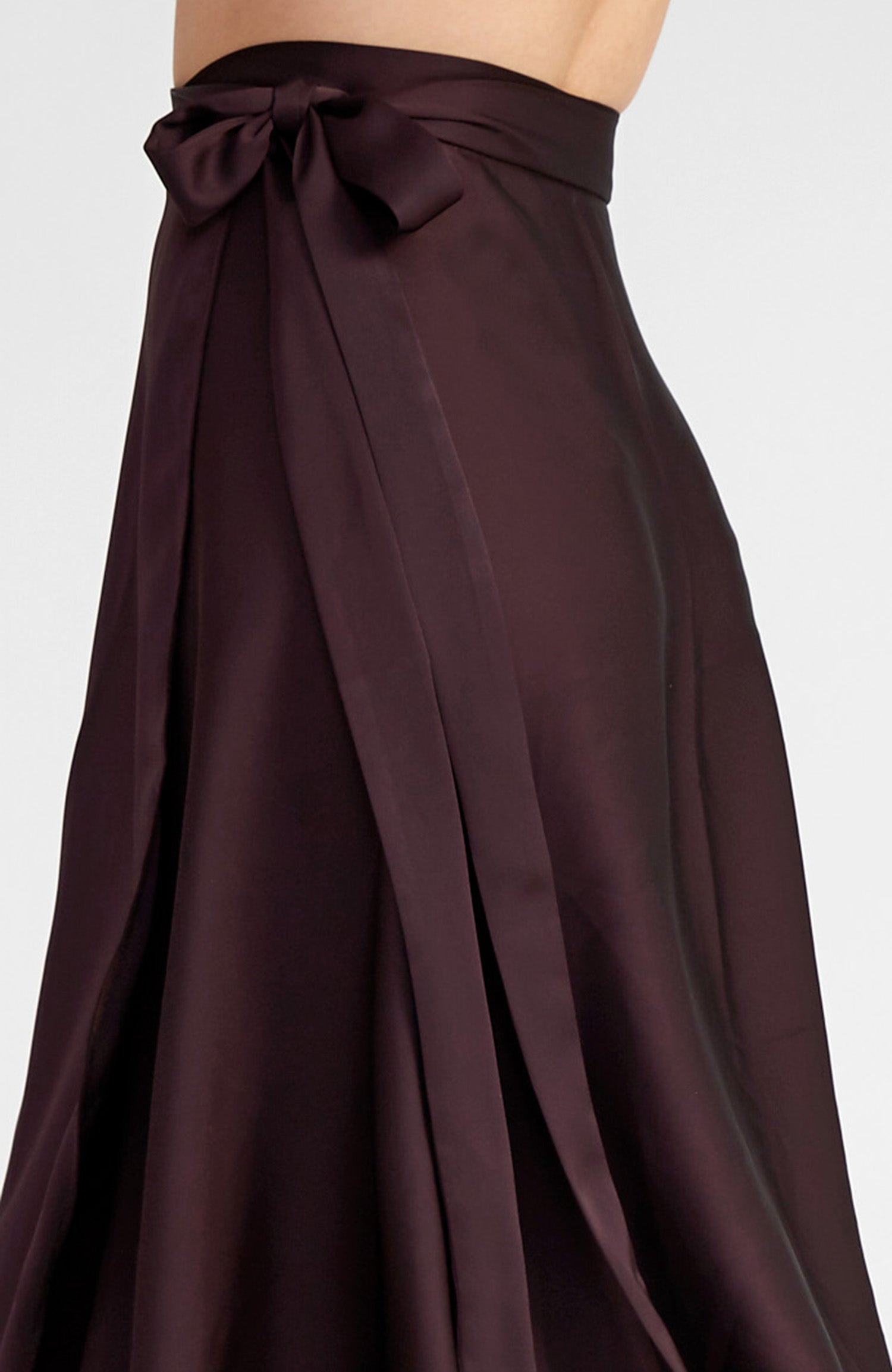 Long Wrap Skirt in Chocolate Brown Satin - GINA