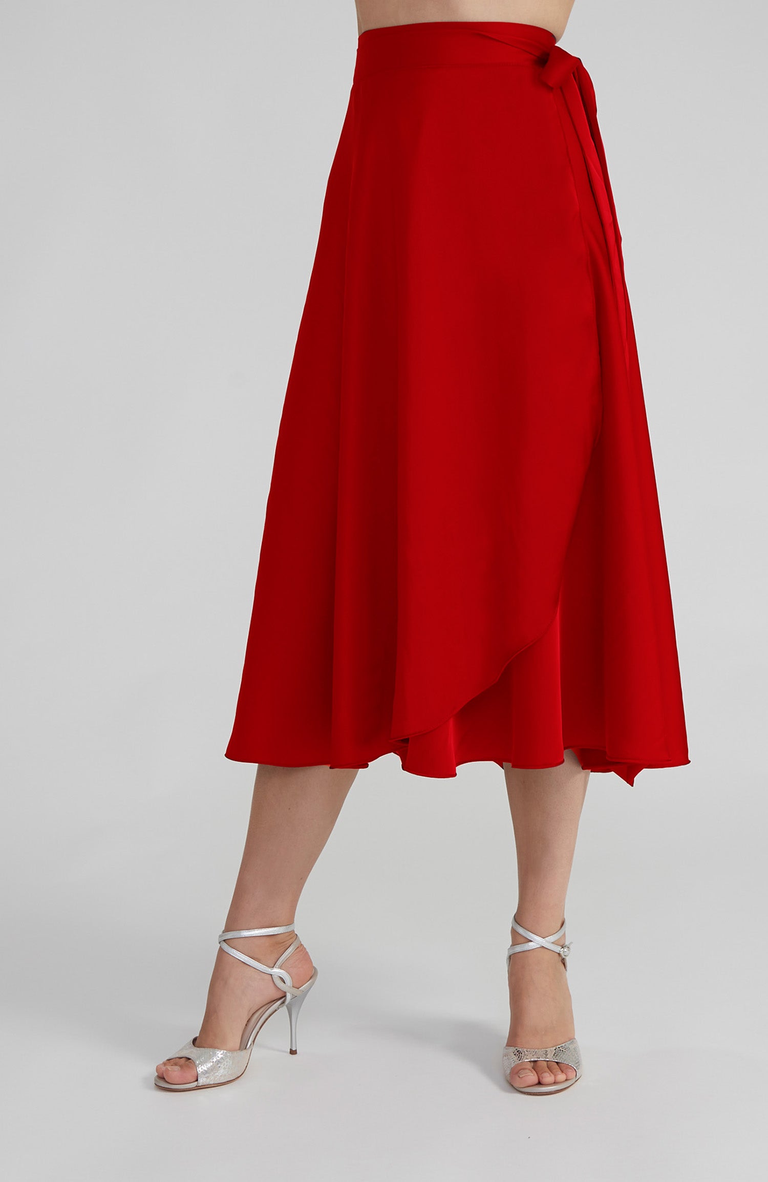 GINA Long Wrap Skirt in Classic Red Satin