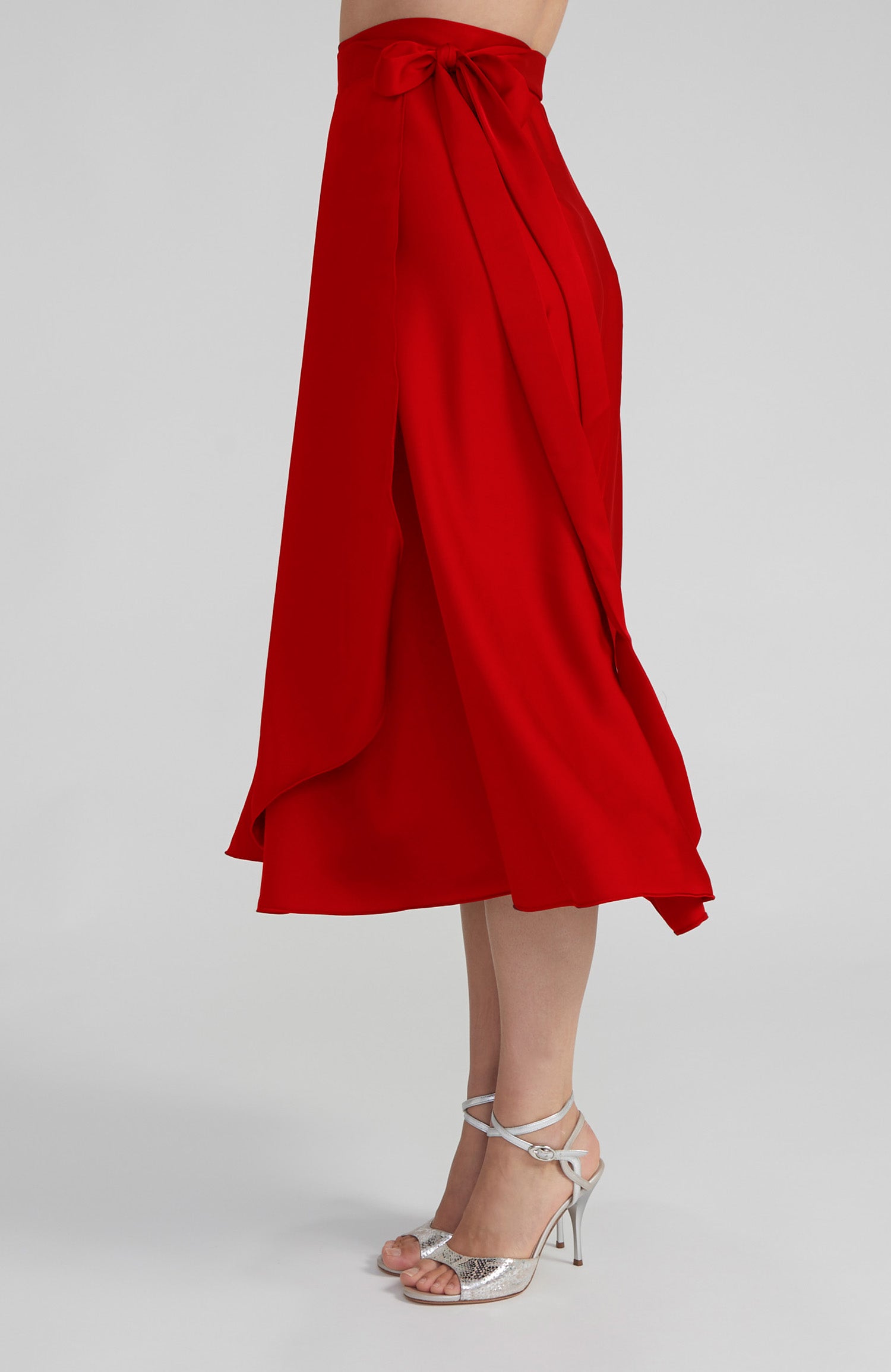 GINA Long Wrap Skirt in Classic Red Satin