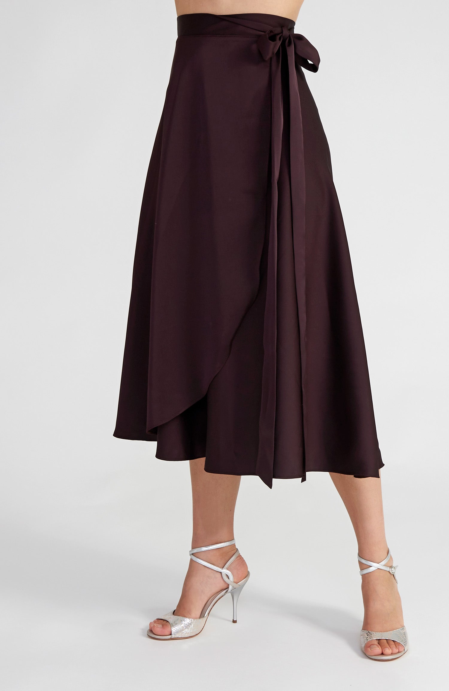 Long Wrap Skirt in Chocolate Brown Satin - GINA