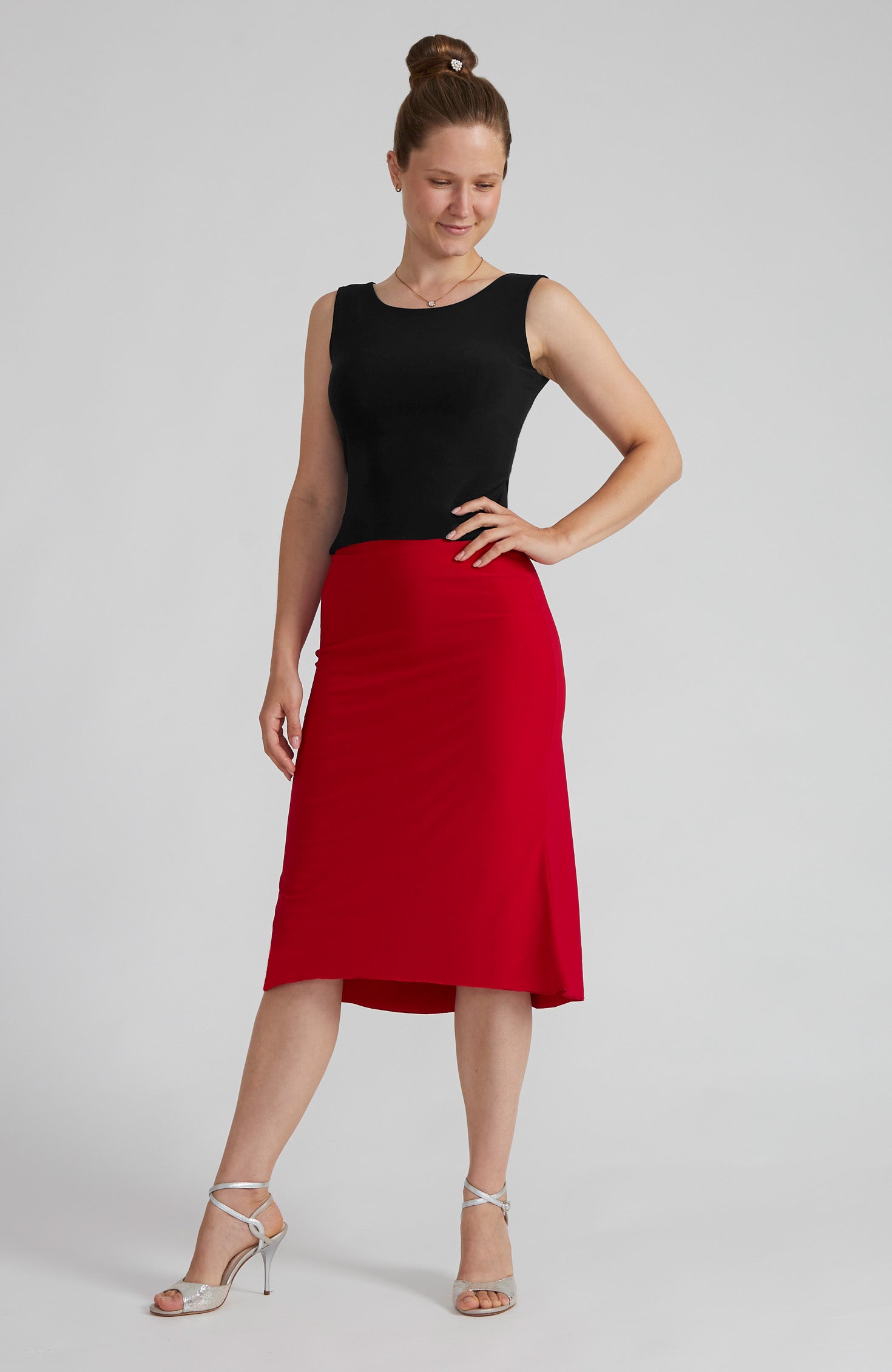 Black cross back top DANIELA with a bateau neckline and open V-back; a double-layered stretch crop top for dance and elegant evening wear.