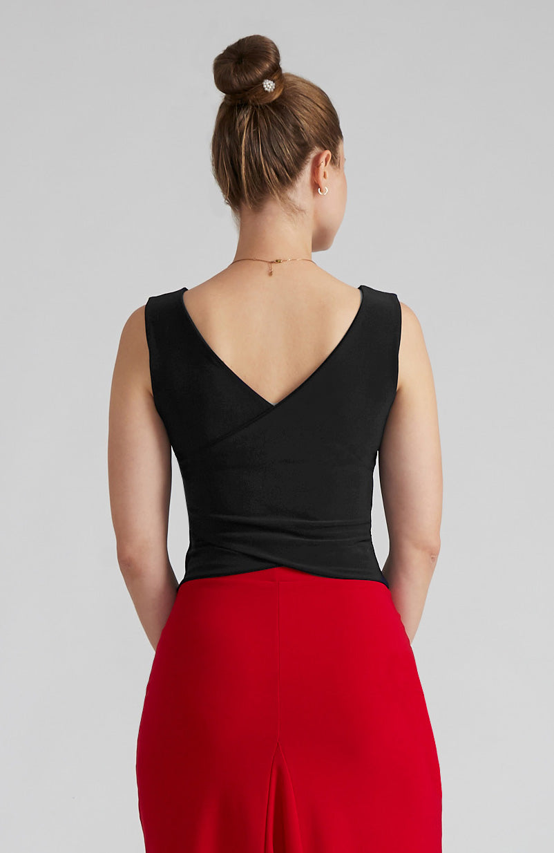 Black cross back top DANIELA with a bateau neckline and open V-back; a double-layered stretch crop top for dance and elegant evening wear.