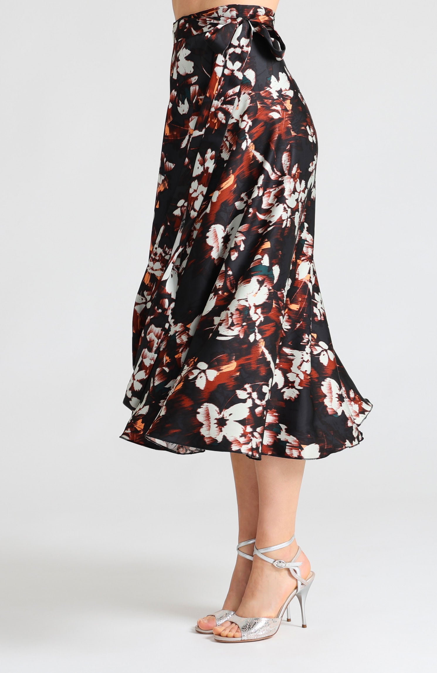 Long wrap tango skirt in dark abstract print with bow – artistic pattern with a graceful drape GINA.