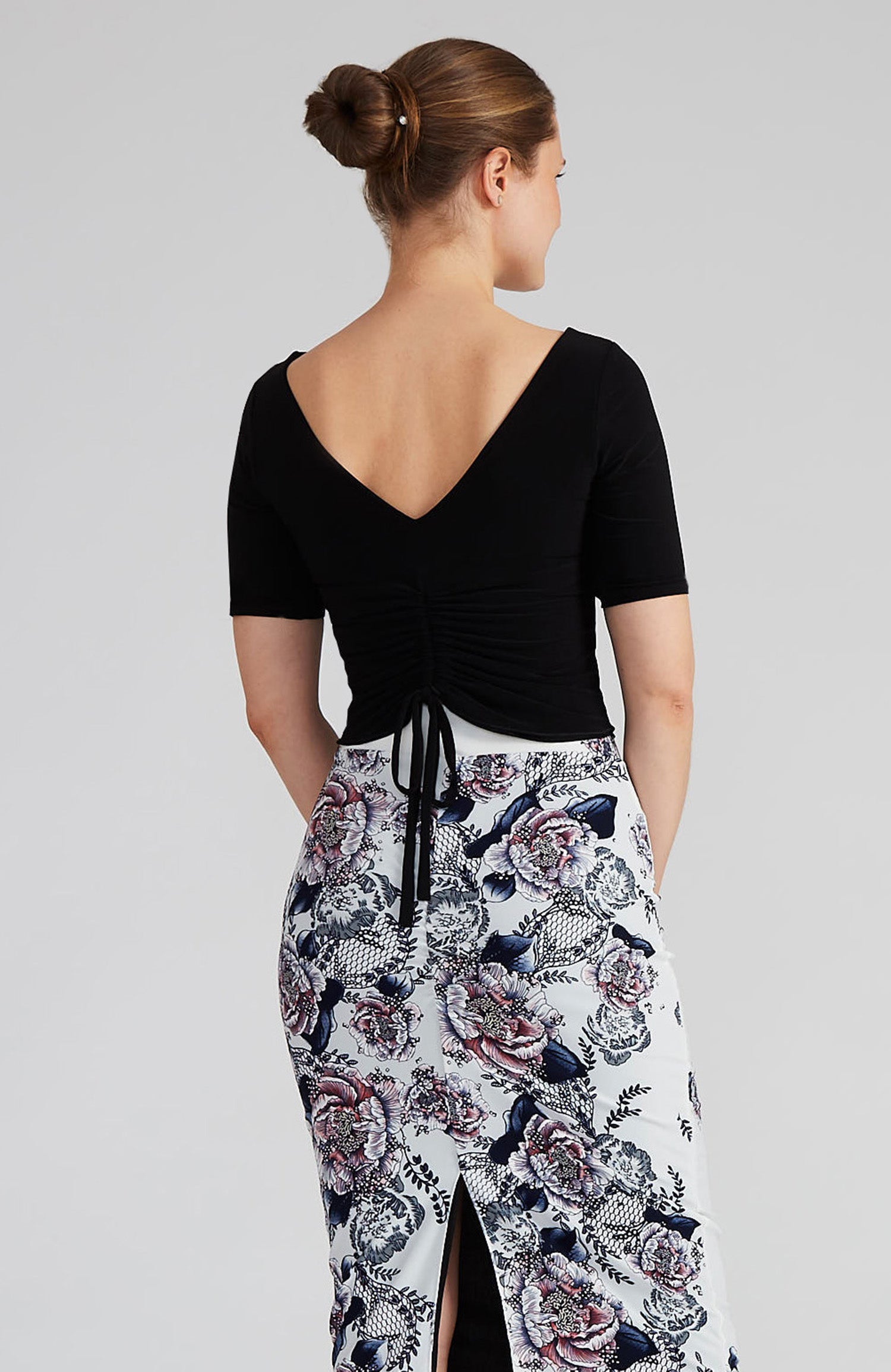 Black draped tango top DOROTEA with elegant neckline and fluid fit.