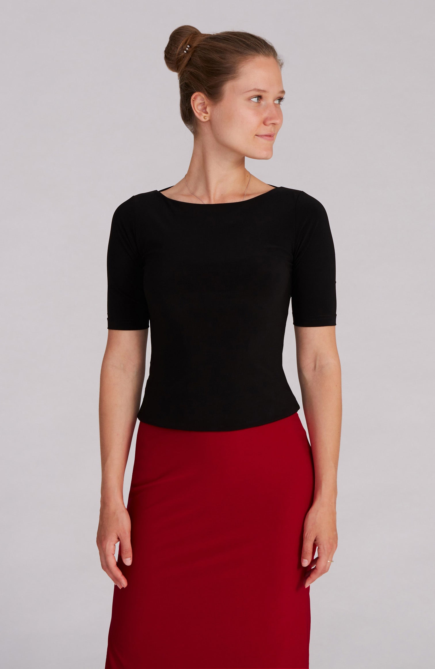 Black fitted tango top ANGEL with elbow-length sleeves; an elegant dance top featuring a bateau neckline and back bow.