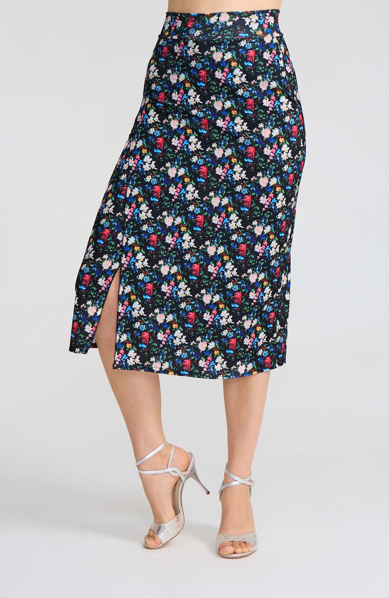 Model wearing the VALERY black floral print overlap tango skirt, designed for elegant movement.