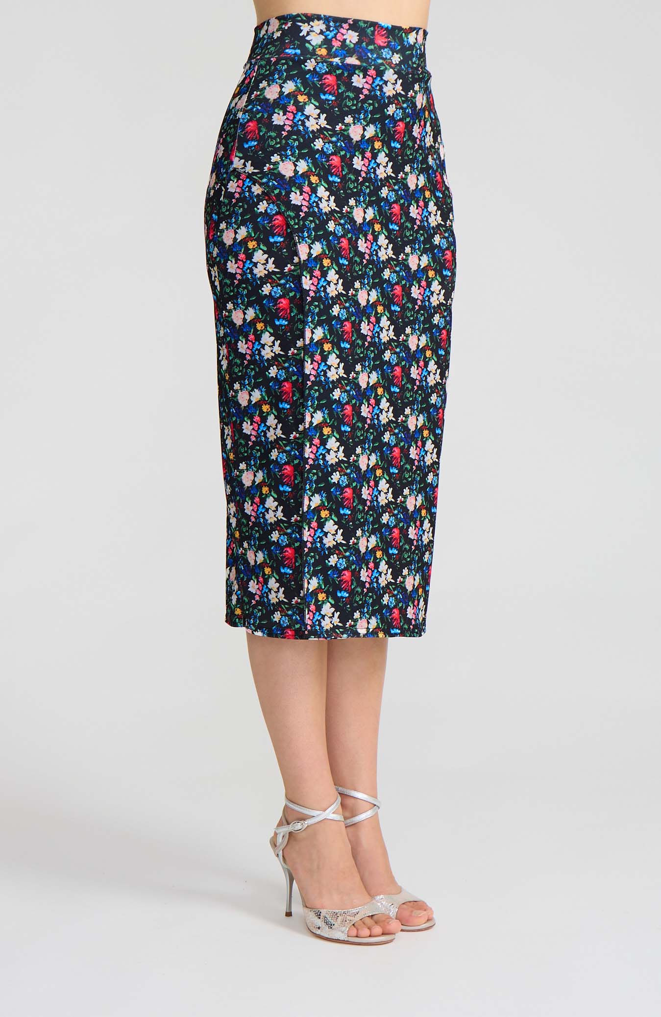 Model wearing the VALERY black floral print overlap tango skirt, designed for elegant movement.