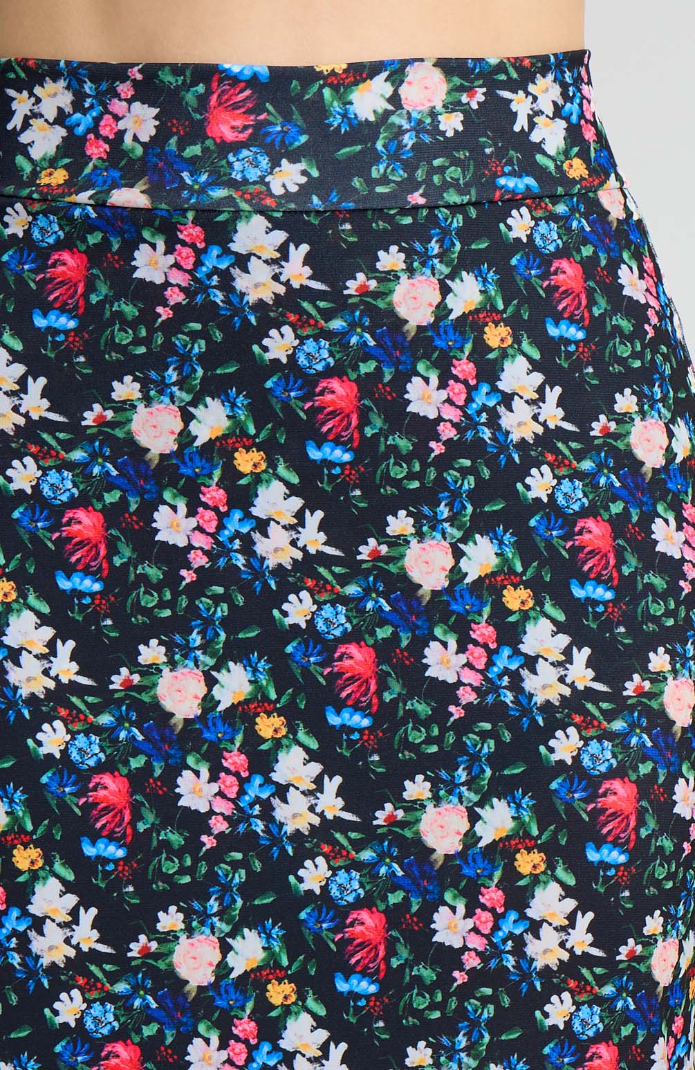 Black floral print overlap tango skirt.
