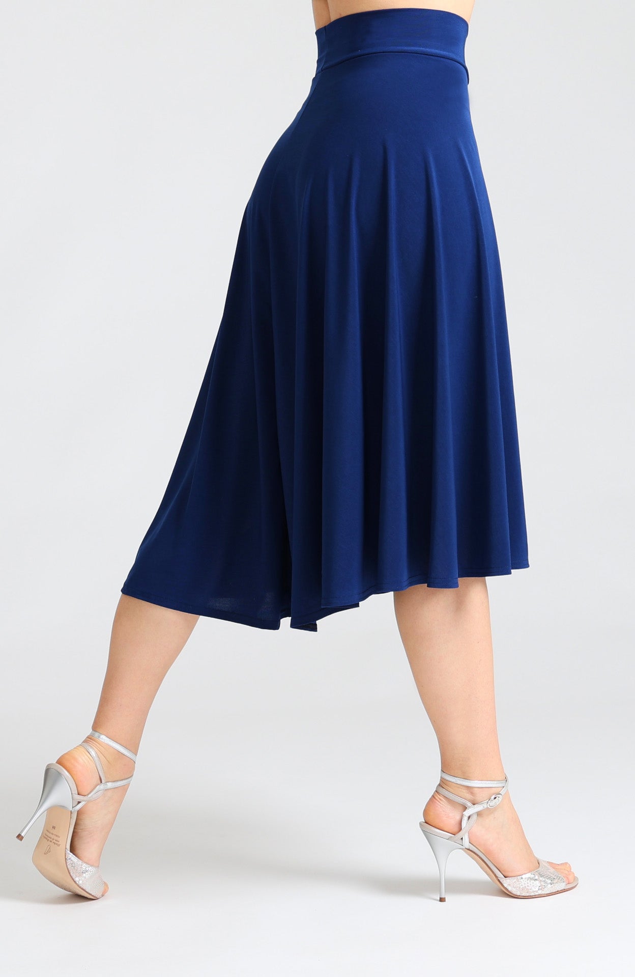 Blue A-line tango skirt Audrey featuring a flowing high-low hemline.