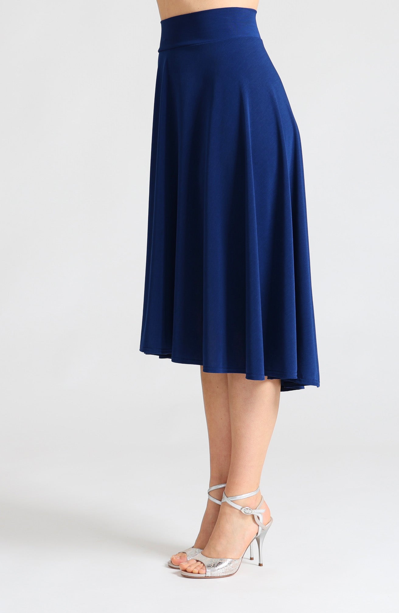 Blue A-line tango skirt Audrey featuring a flowing high-low hemline.