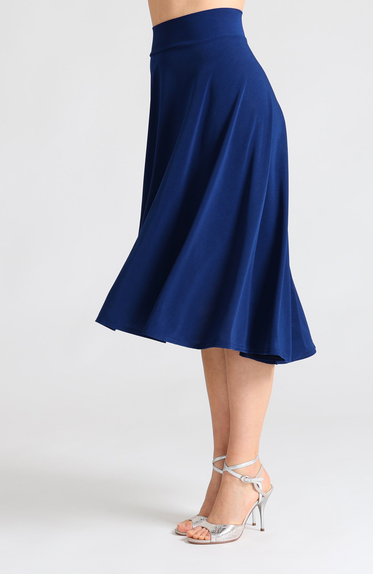 Blue A-line tango skirt Audrey featuring a flowing high-low hemline.