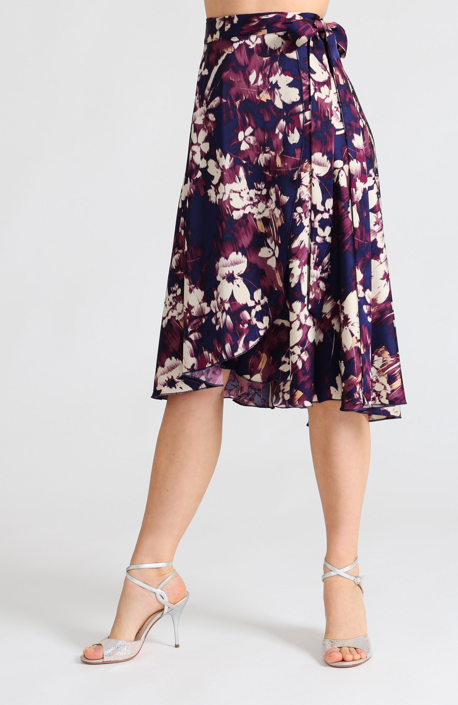 Blue abstract print wrap tango skirt Coco with an elegant side bow.