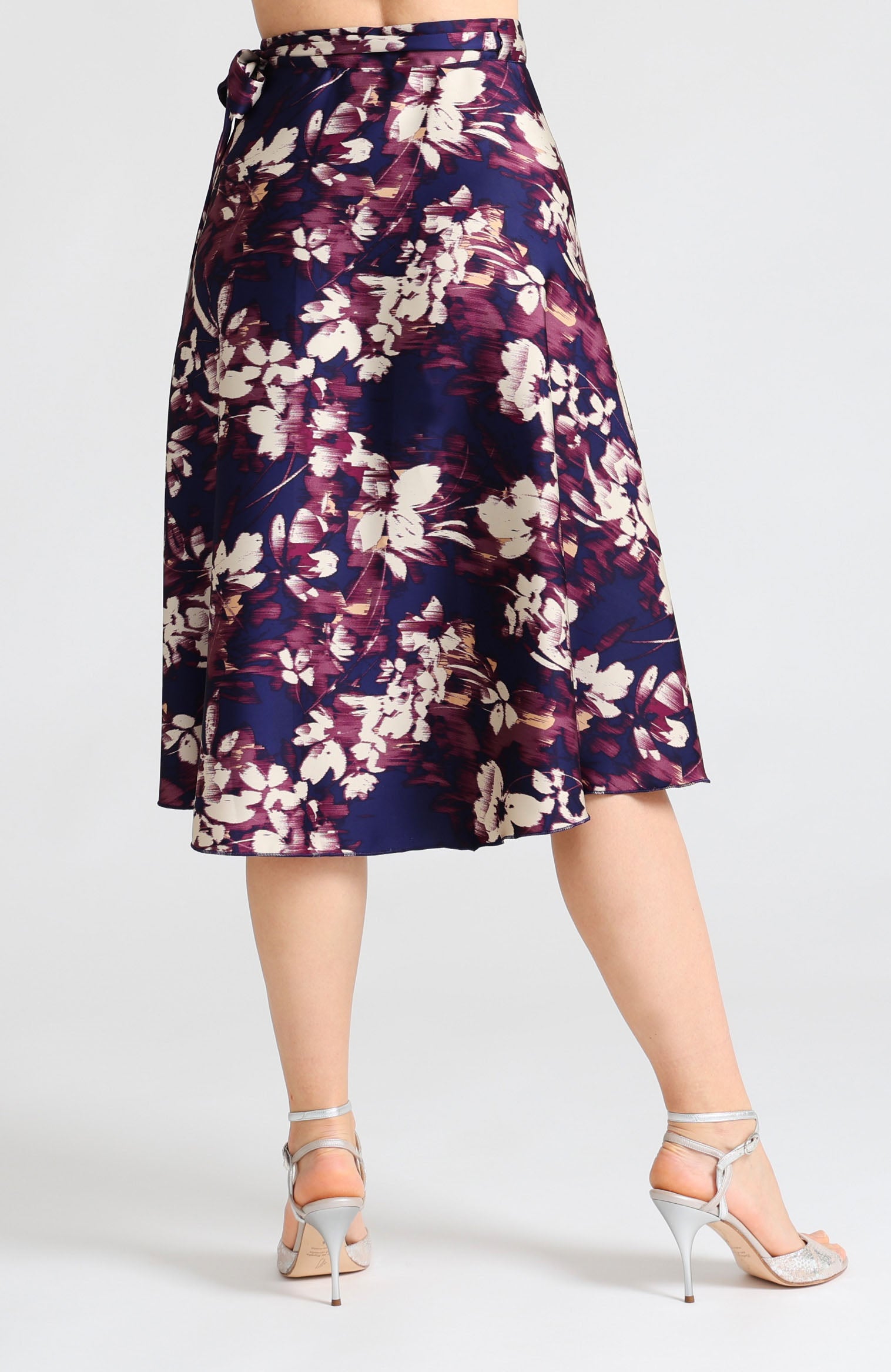 Blue abstract print wrap tango skirt Coco with A-line silhouette.