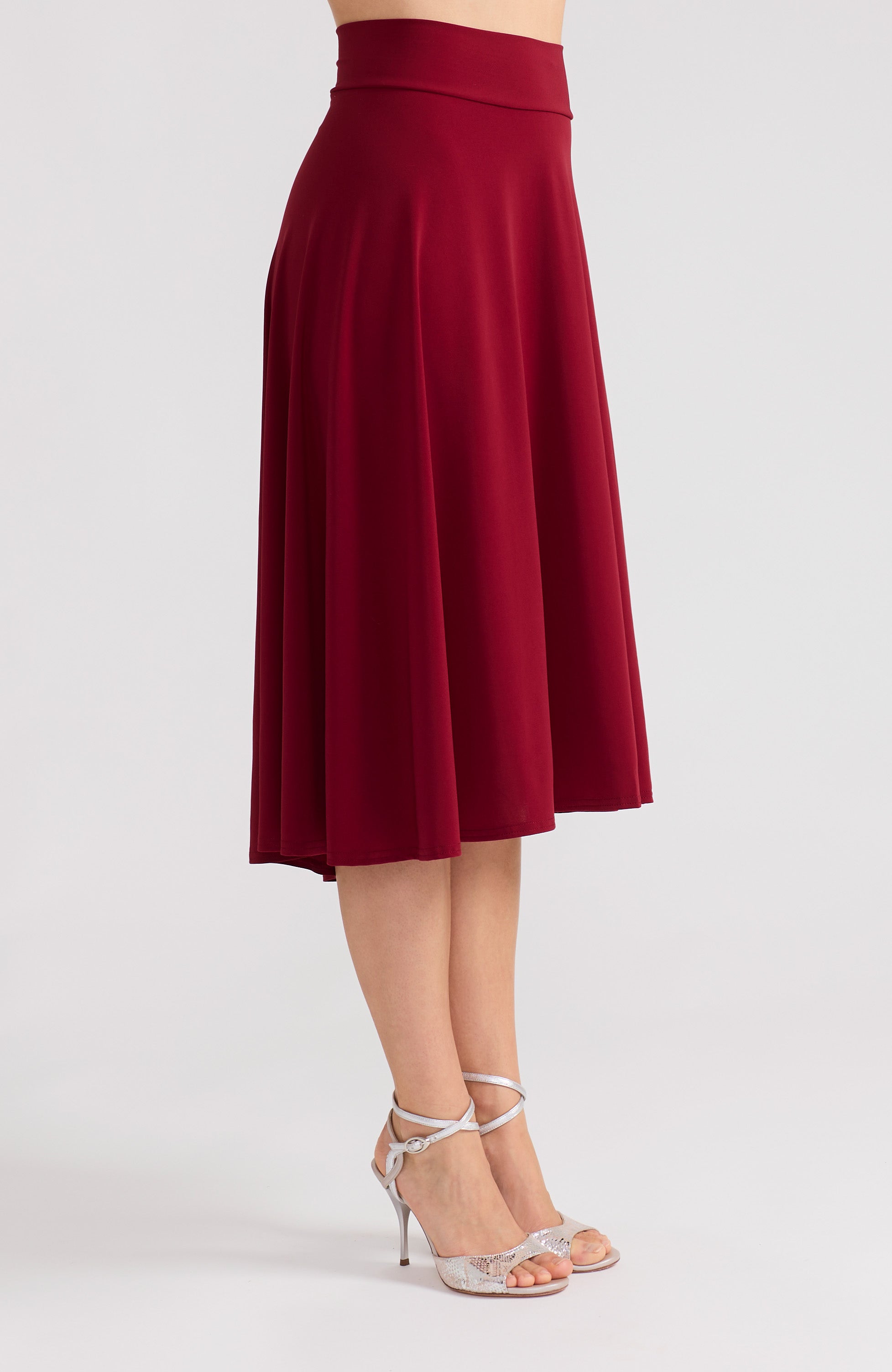 Bordeaux red A-line tango skirt AUDREY with a flowing high-low hem in a solid deep red.