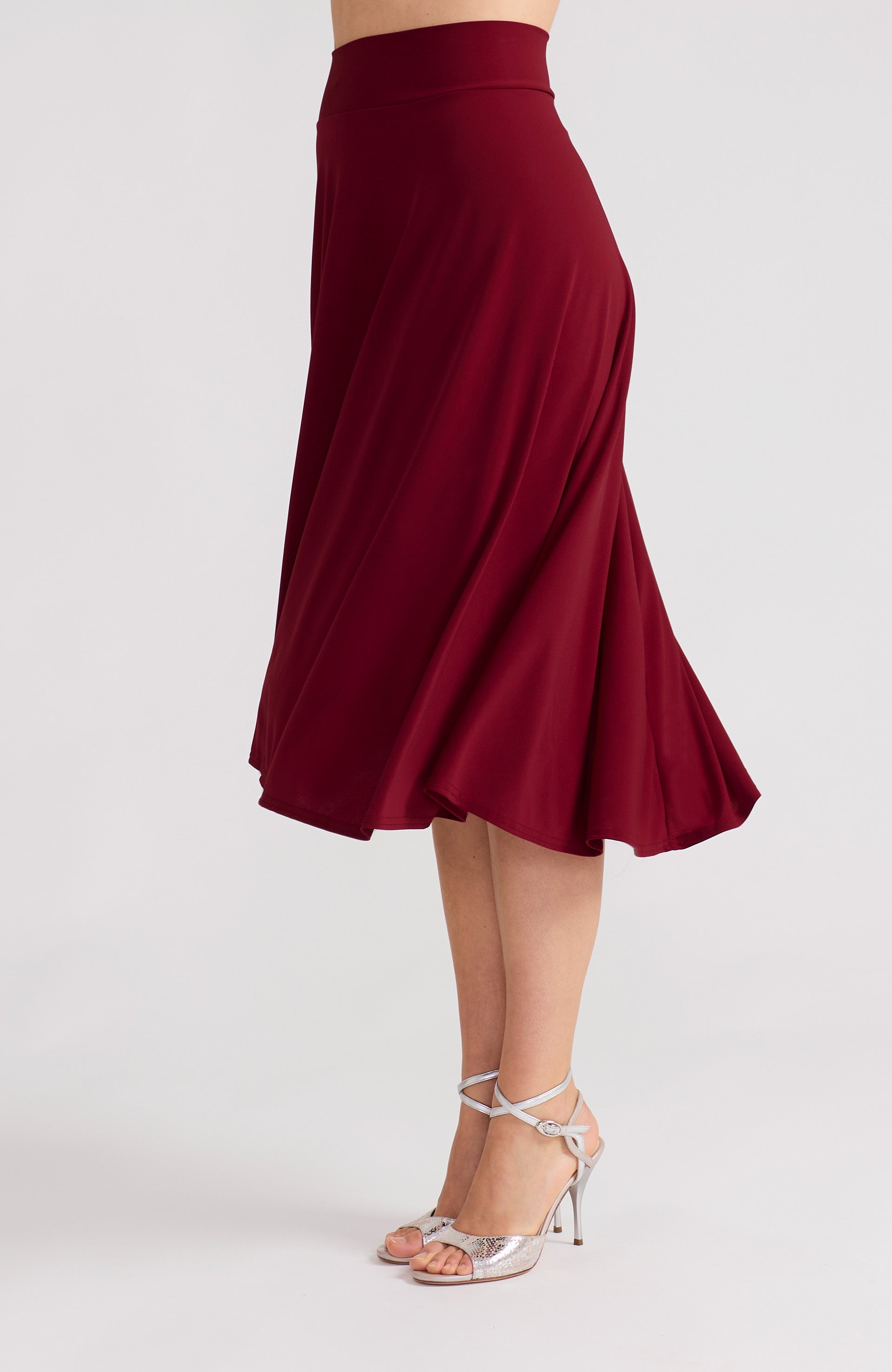 Bordeaux red A-line tango skirt AUDREY with a flowing high-low hem in a solid deep red.