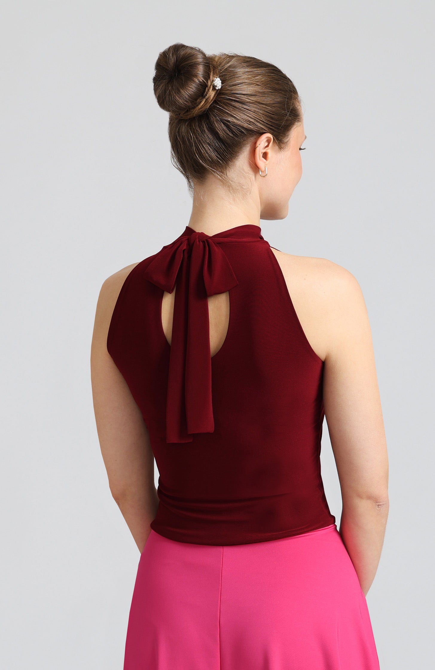 Bordeaux red halter neck tango top Lynn with elegant back bow detail and sleek fit.