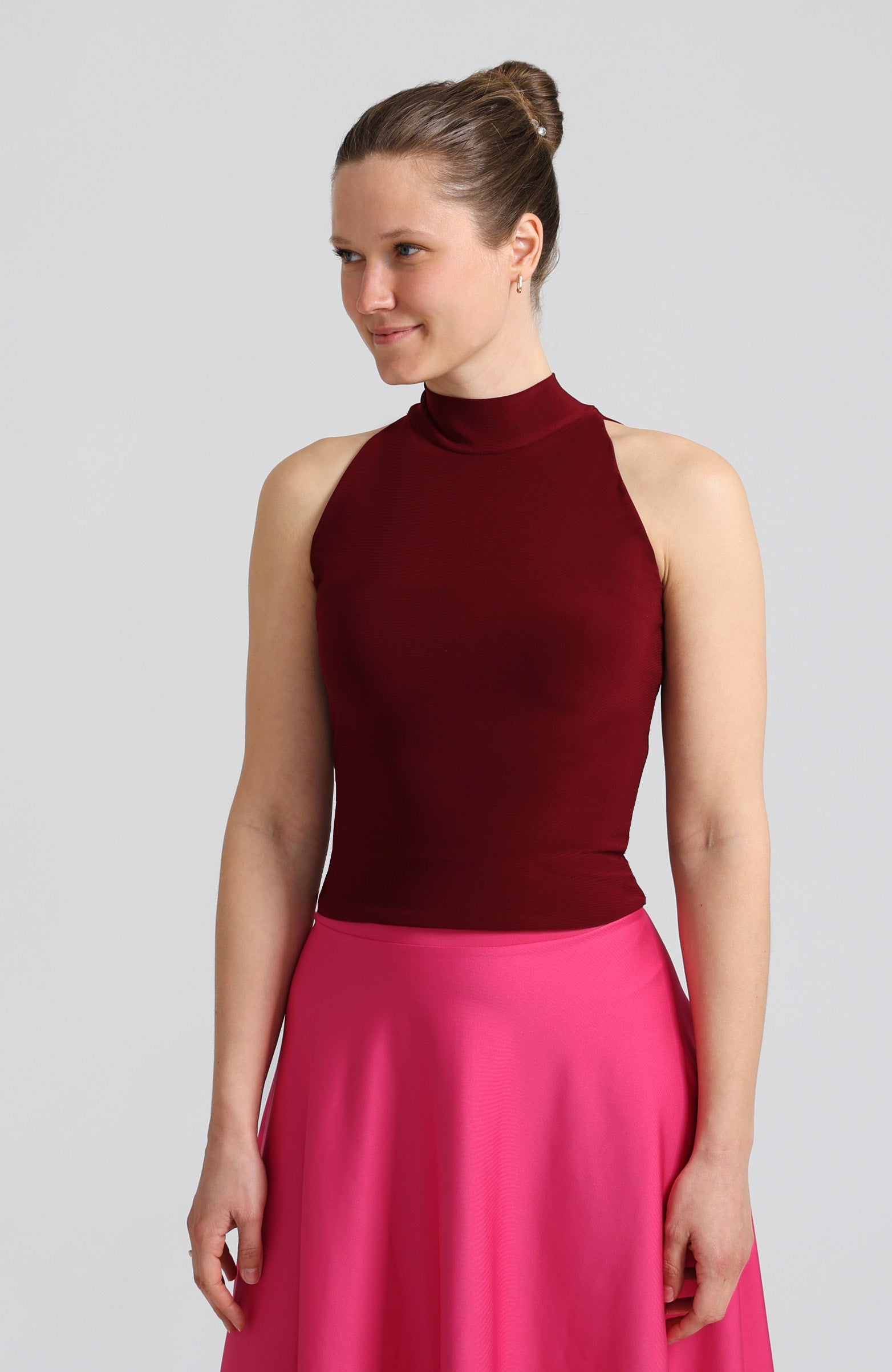 Bordeaux red halter neck tango top Lynn in fitted design.