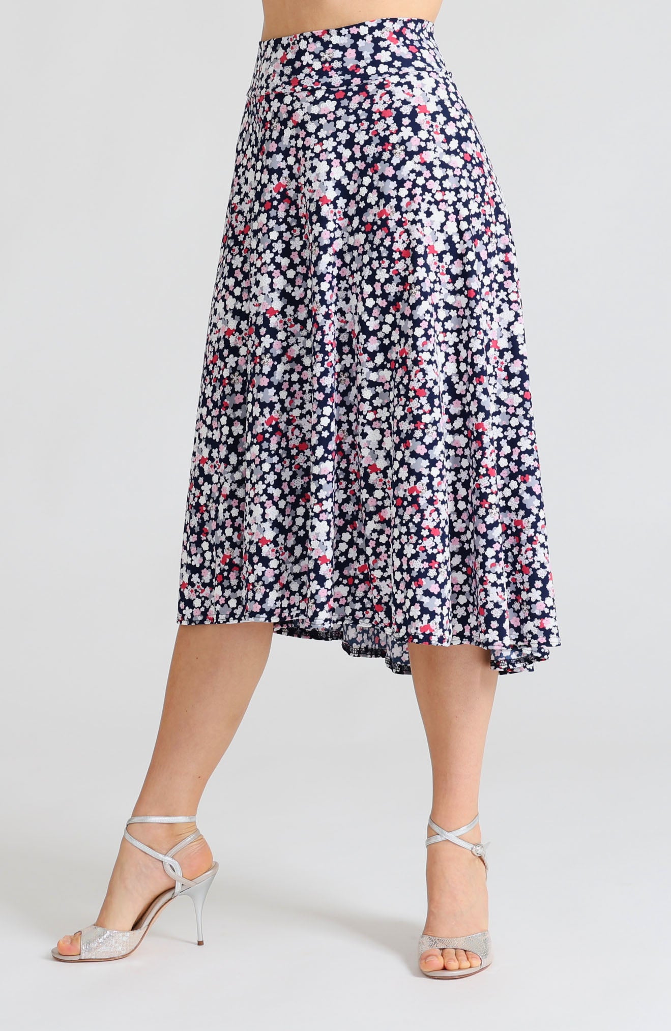 Soft cherry blossom pink A-line tango skirt Audrey with high-low hem.