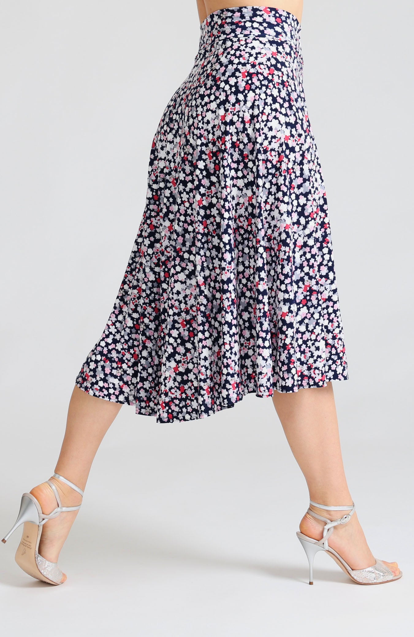 Soft cherry blossom pink A-line tango skirt Audrey with high-low hem.