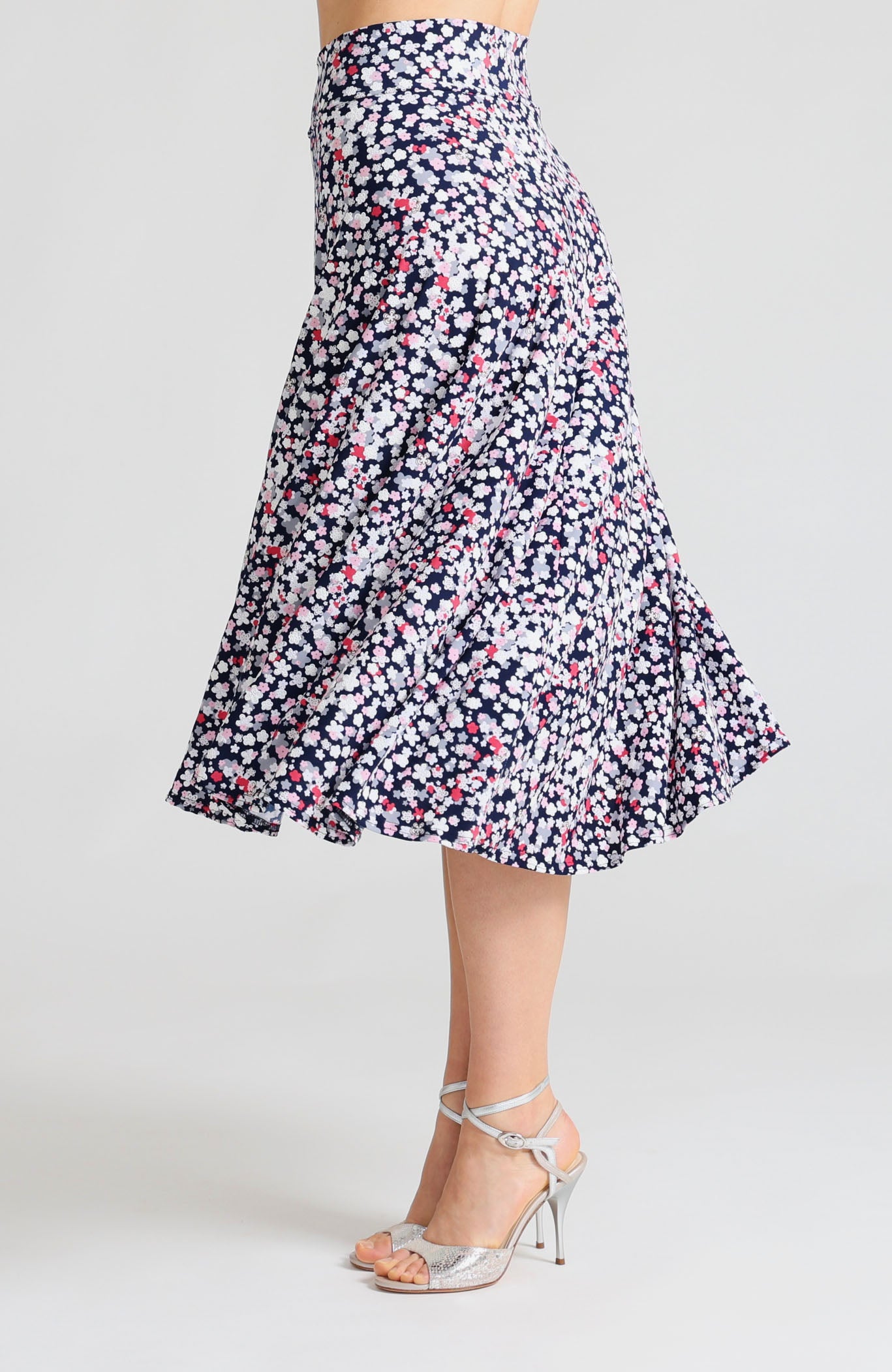 Soft cherry blossom pink A-line tango skirt Audrey with high-low hem.