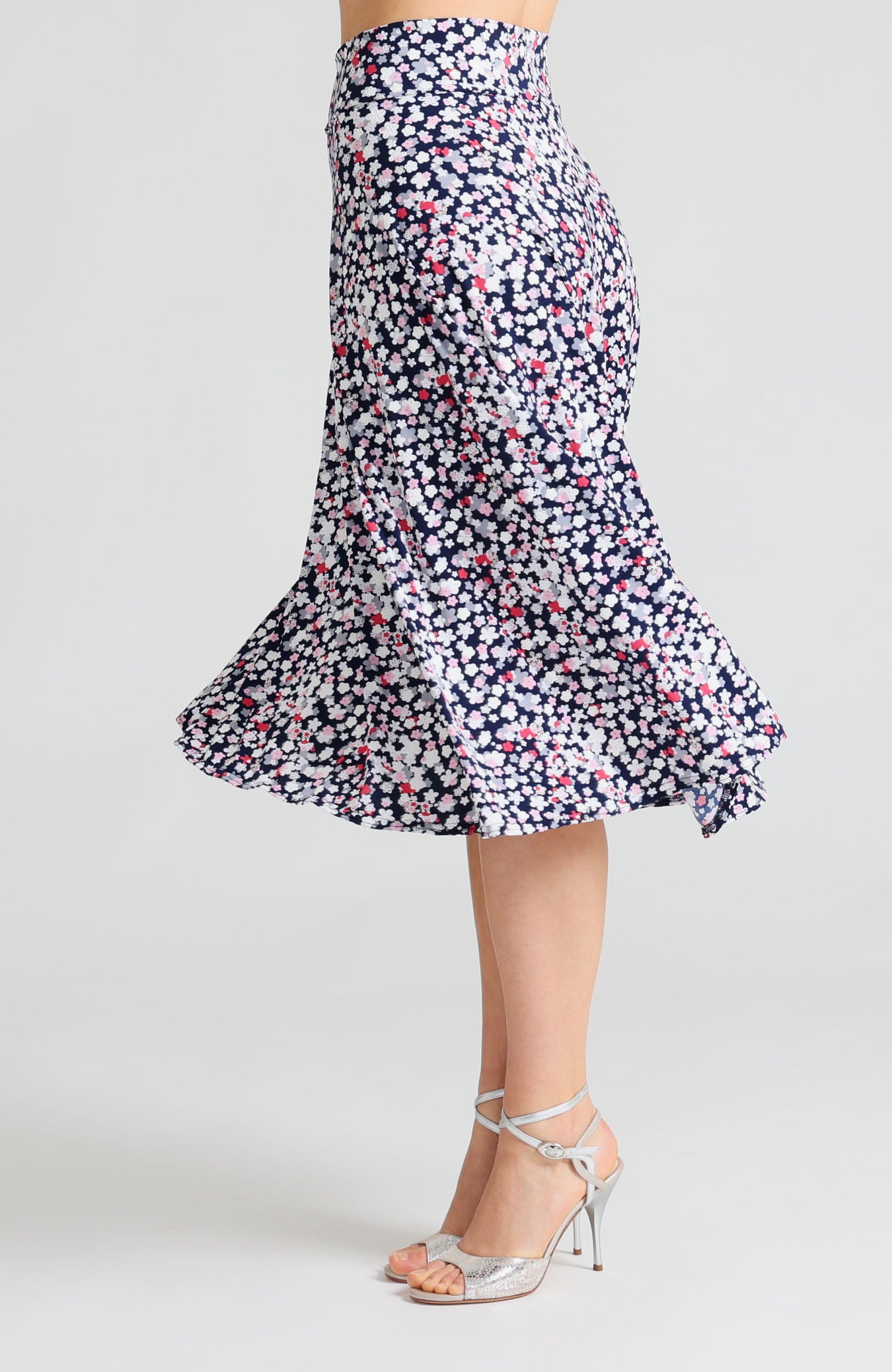 Soft cherry blossom pink A-line tango skirt Audrey with high-low hem.