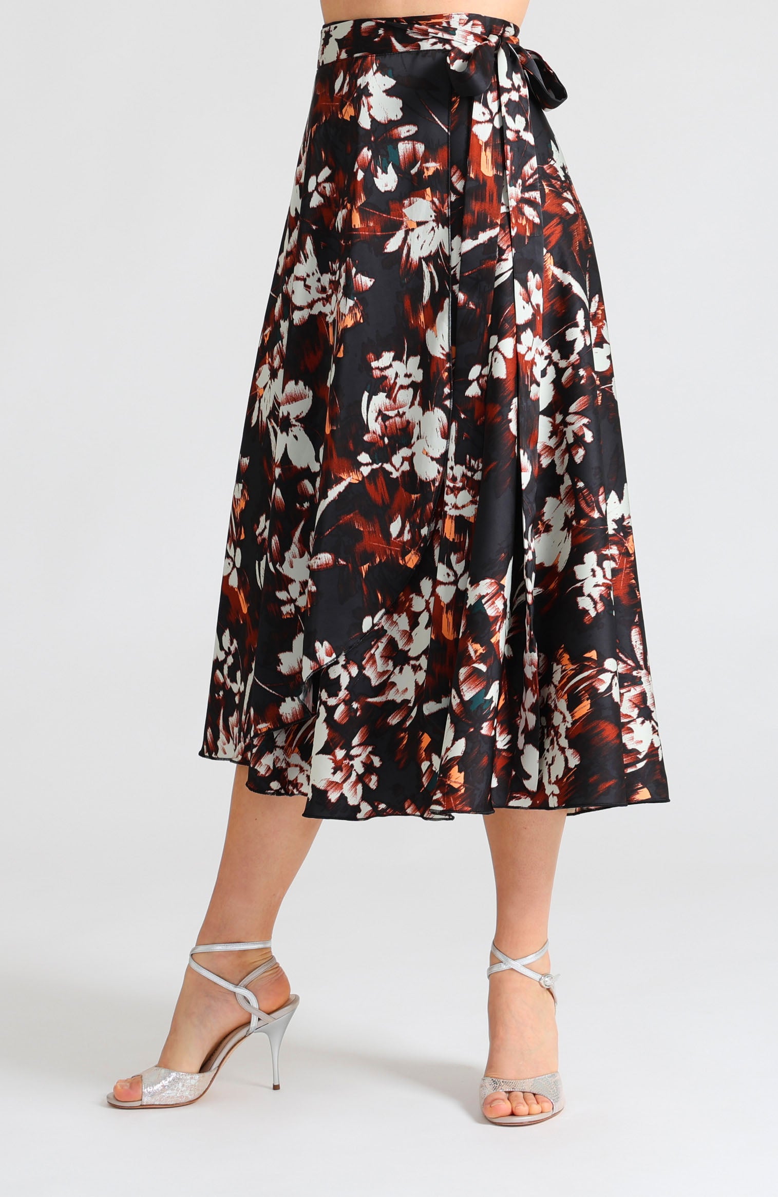 Long wrap tango skirt in chestnut brown print with bow – artistic pattern with a graceful drape GINA.