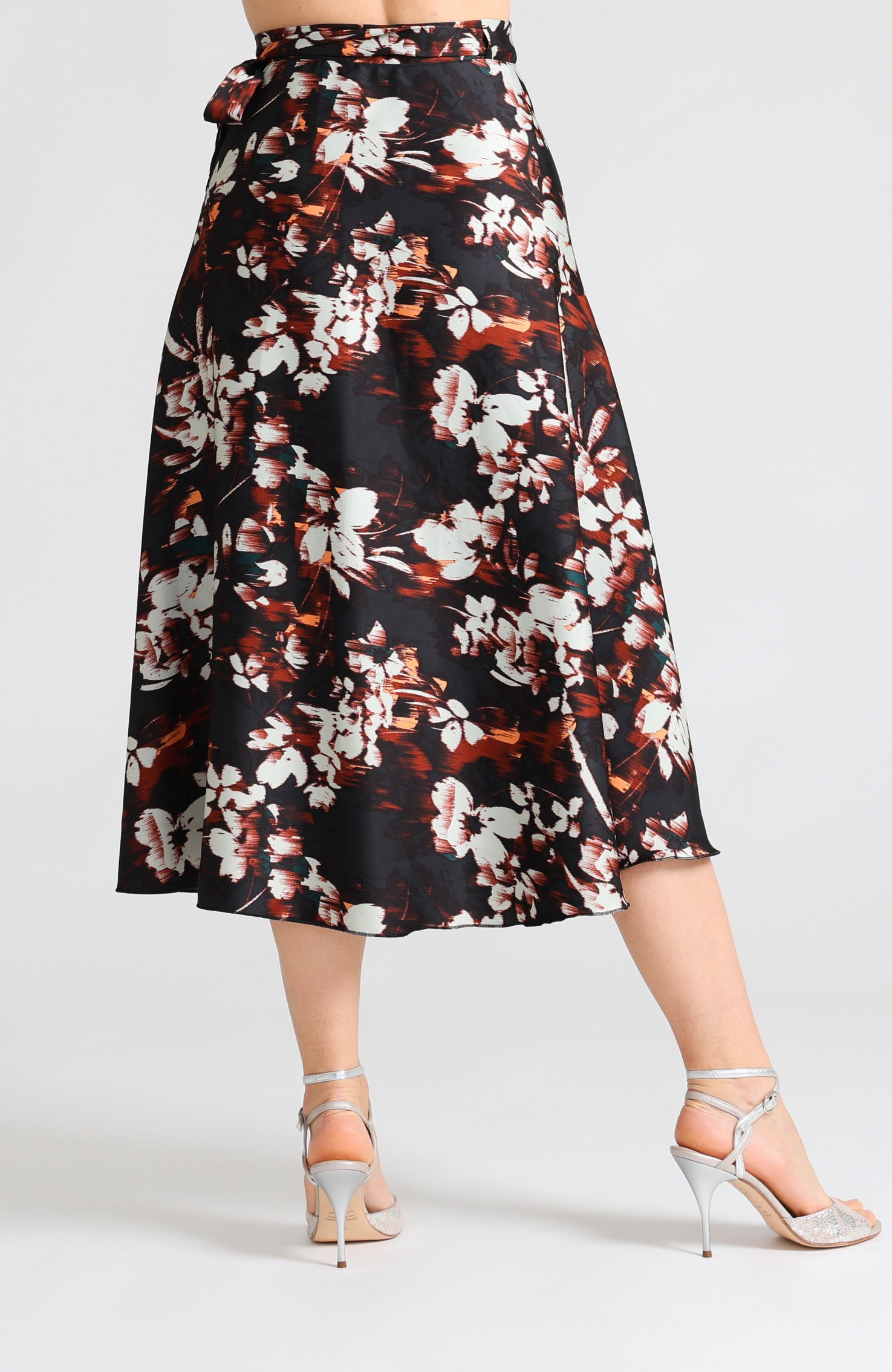 Long wrap tango skirt in chestnut brown print with bow – artistic pattern with a graceful drape GINA.