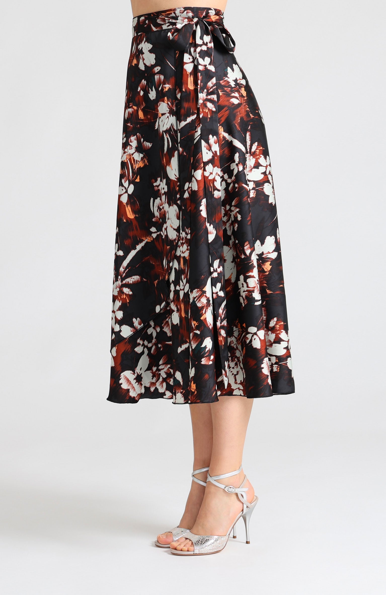 Long wrap tango skirt in chestnut brown print with bow – artistic pattern with a graceful drape GINA.