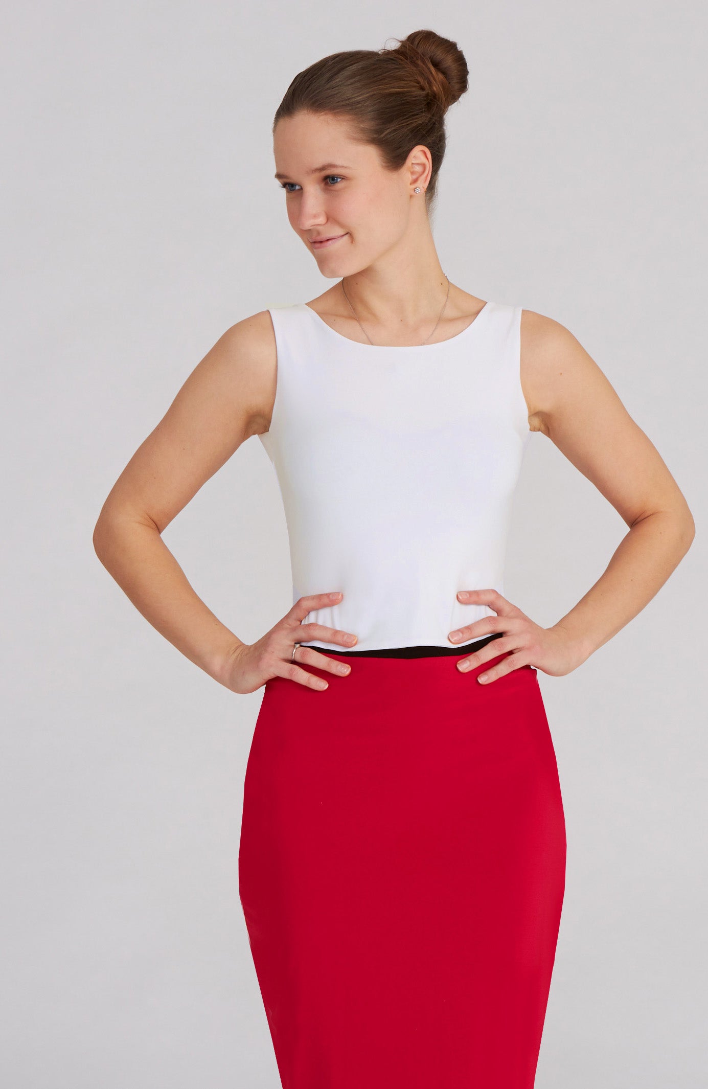 Cream white cross back top MARINA with a bateau neckline and elegant V-back; a versatile cropped dance and lifestyle top.