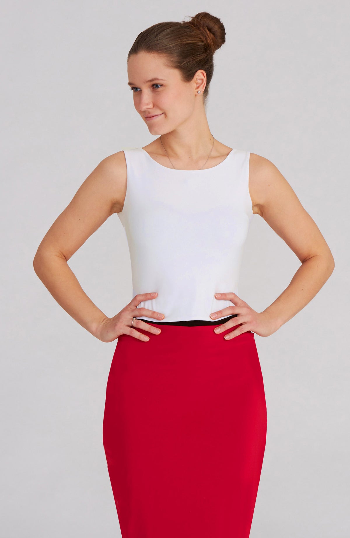 Cream white cross back top MARINA with a bateau neckline and elegant V-back; a versatile cropped dance and lifestyle top.