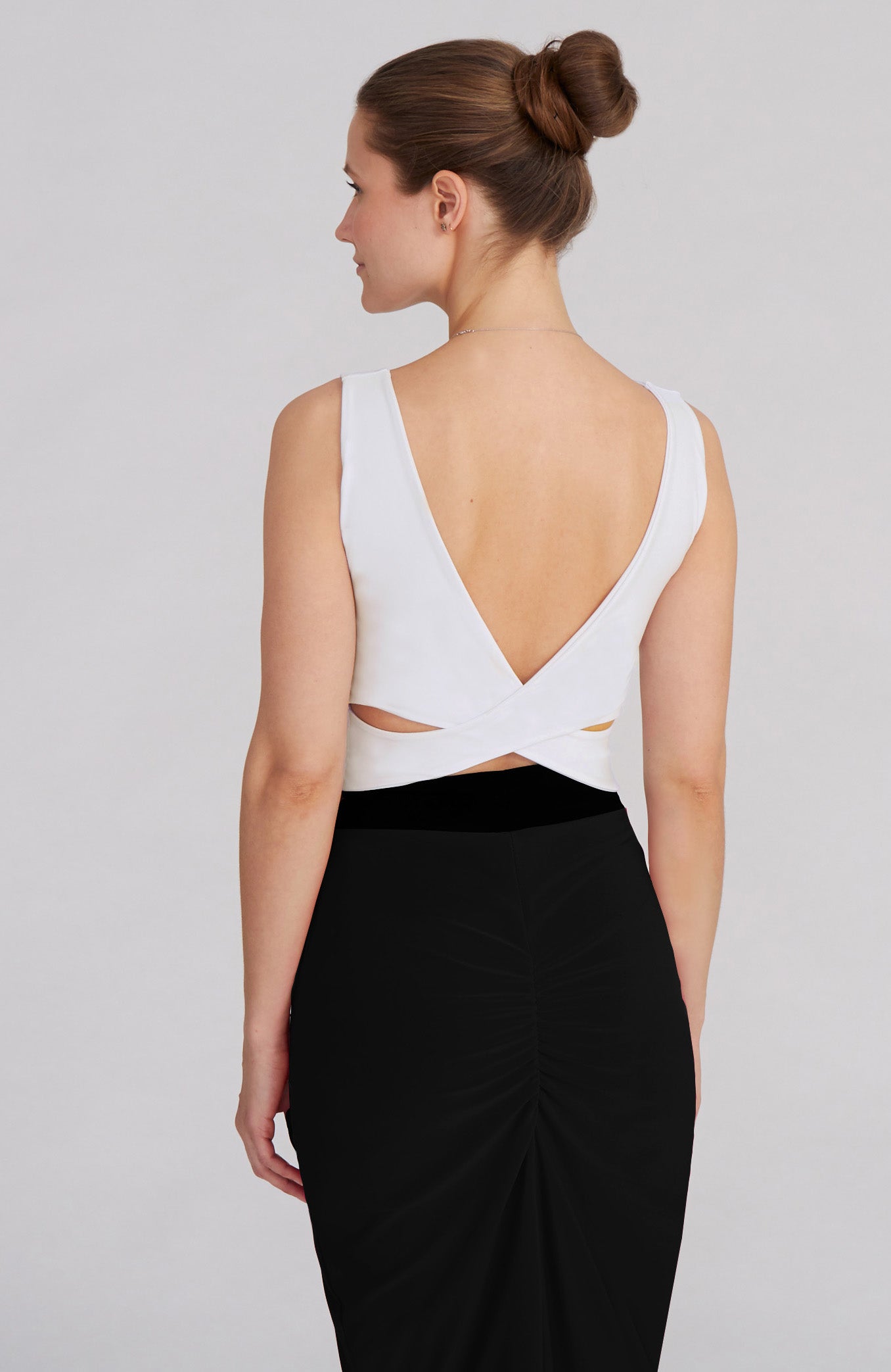Cream white cross back top MARINA with a bateau neckline and elegant V-back; a versatile cropped dance and lifestyle top.
