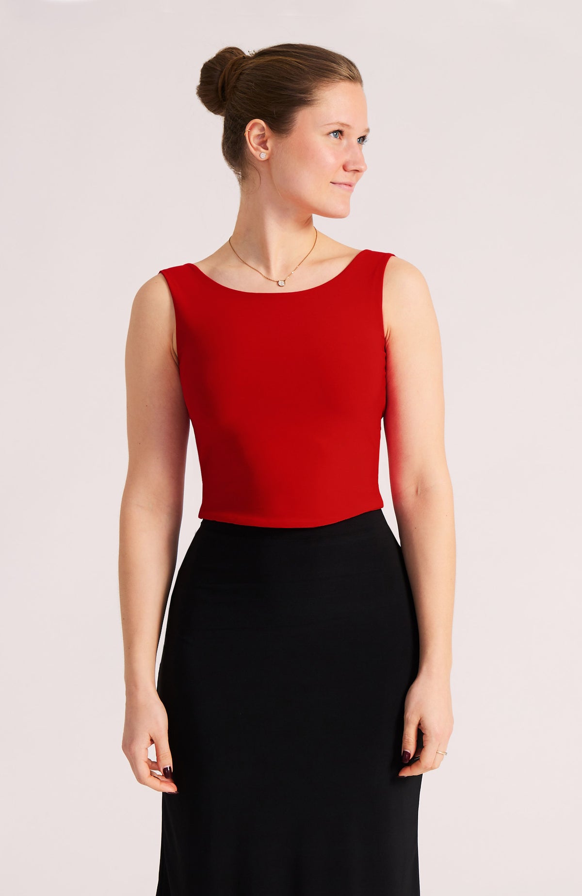 Red cross-back tango top for high-waisted skirts