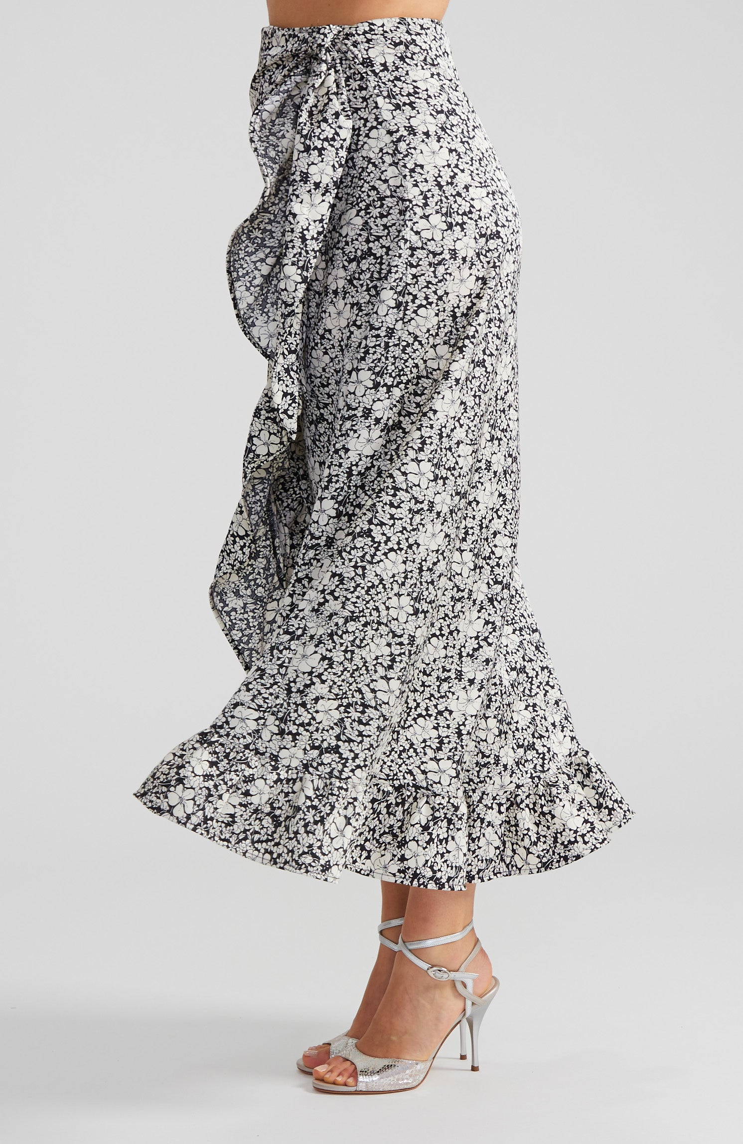 DINA Inked Bloom Floral Wrap Skirt with Ruffle Hem