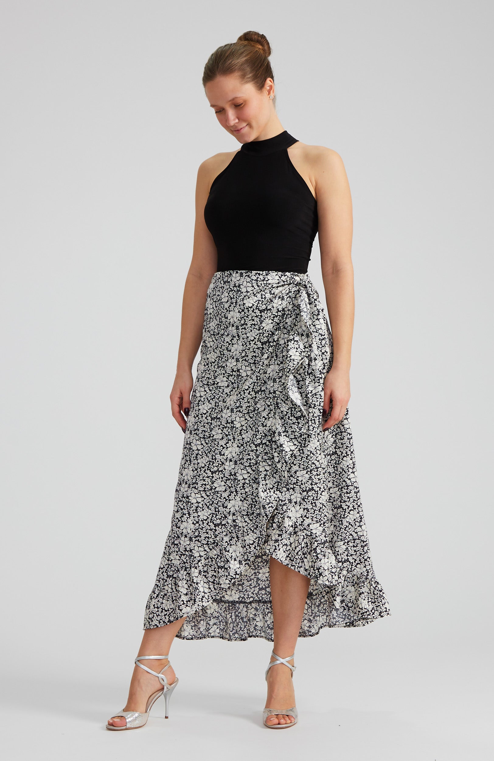 DINA Inked Bloom Floral Wrap Skirt with Ruffle Hem