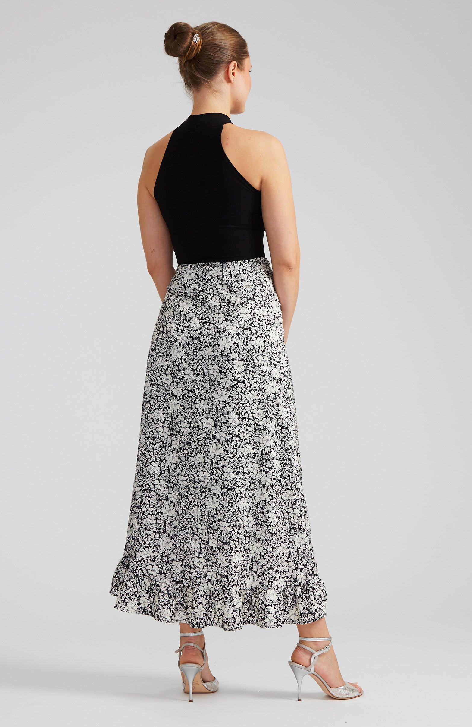 DINA Inked Bloom Floral Wrap Skirt with Ruffle Hem