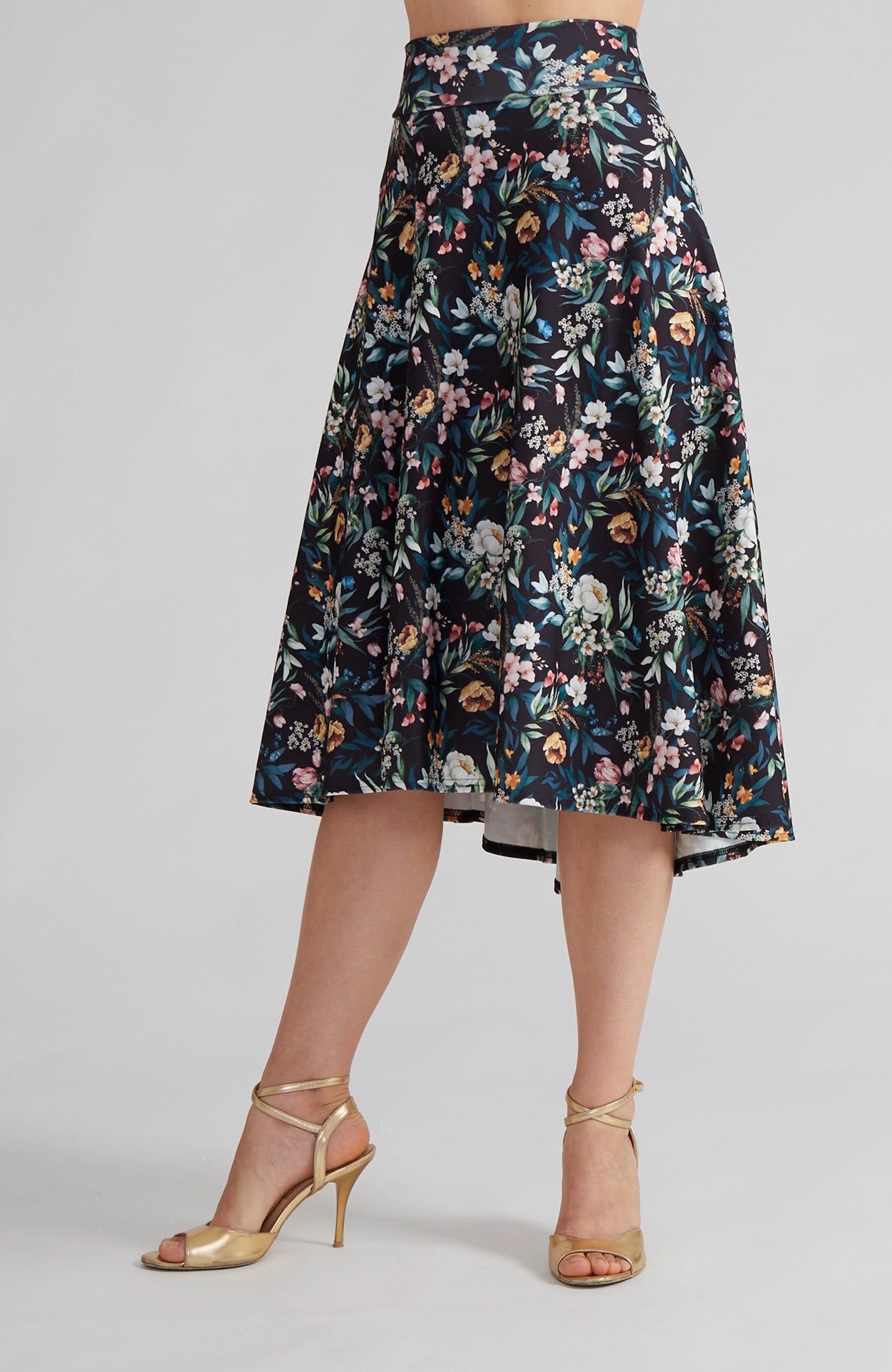 Floral A-line tango skirt AUDREY with a flowing high-low hem and vibrant print