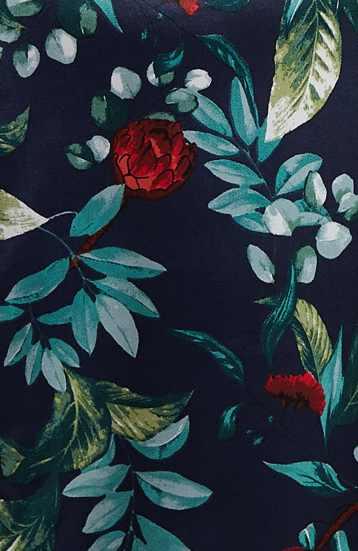 Satin Tango Wrap Skirt with Draped Detail in Red Blossoms on Navy Blue – JULIET