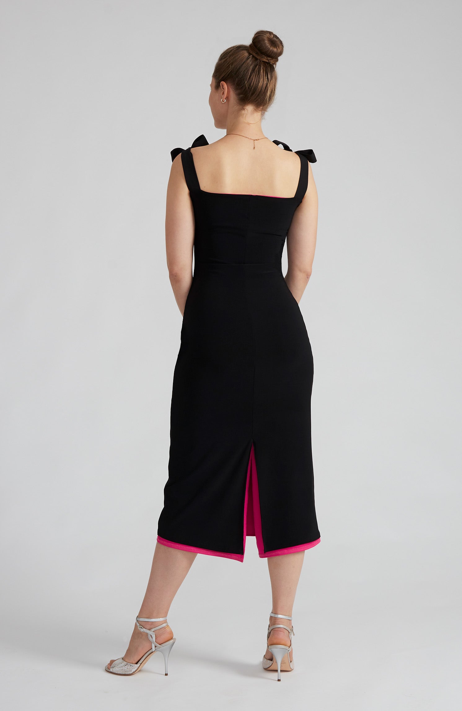 sheath tango dress with back slit in black and pink