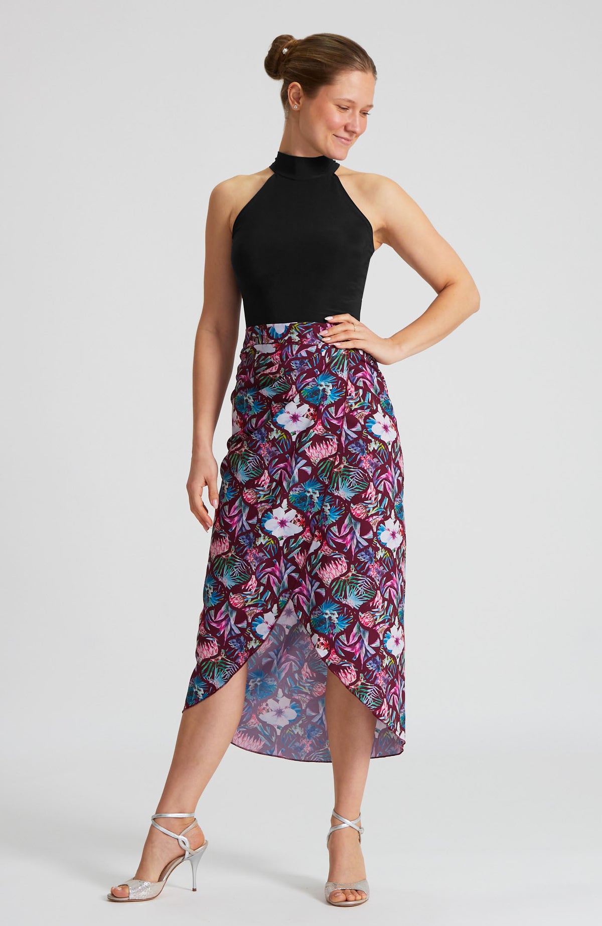 Tango Wrap Skirt with Draped Detail in Bordeaux Protea Print – JULIET