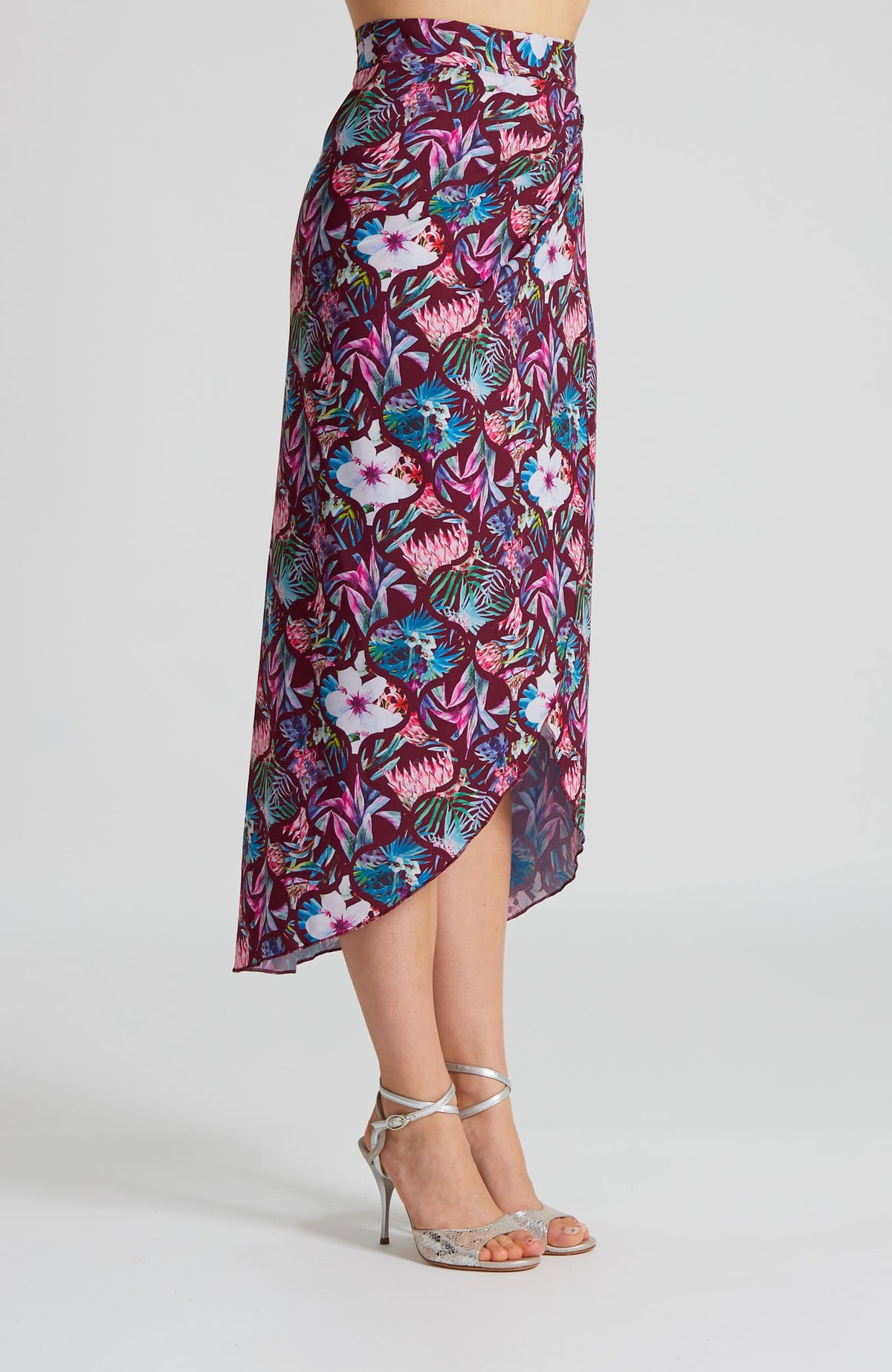 Tango Wrap Skirt with Draped Detail in Bordeaux Protea Print – JULIET