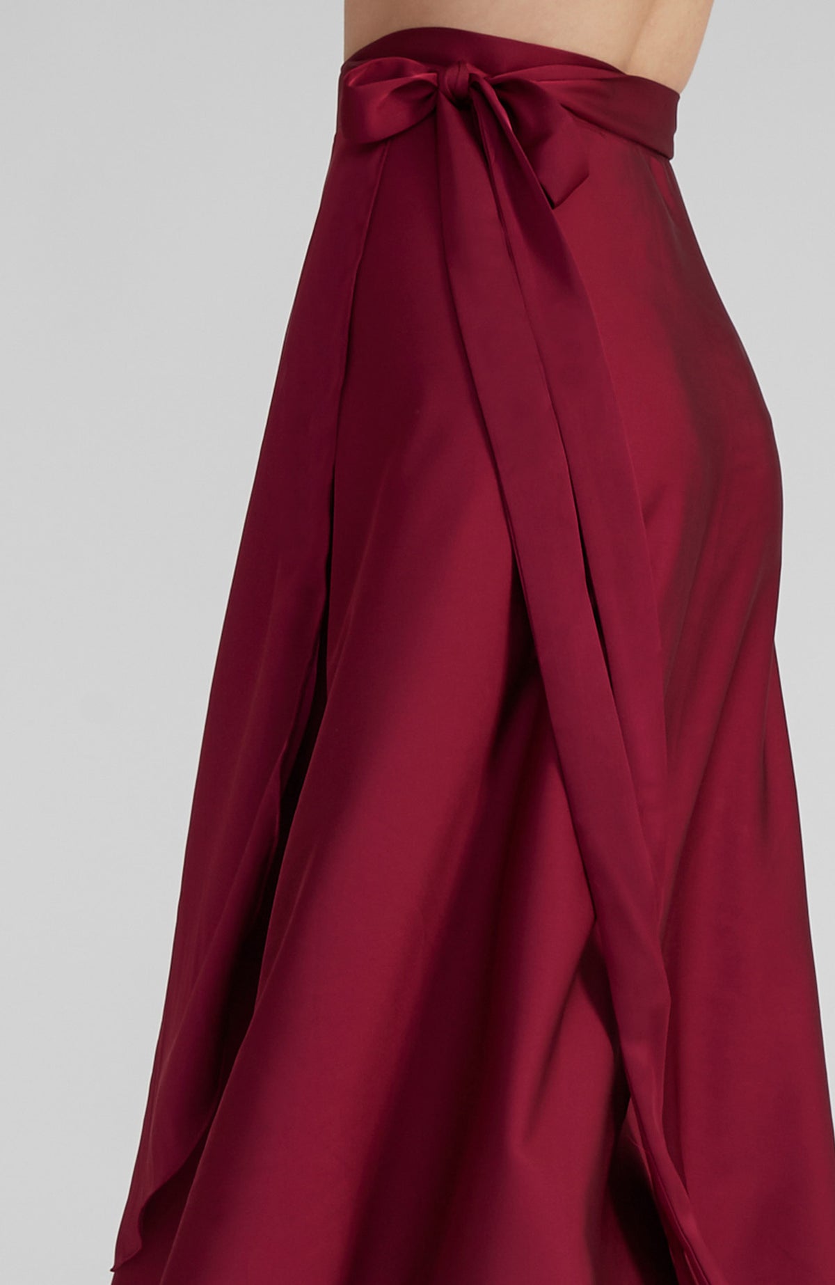 Long Bordeaux red satin wrap skirt GINA with a side-tie waist; an elegant Argentine tango skirt designed for a flowing, elongated silhouette.