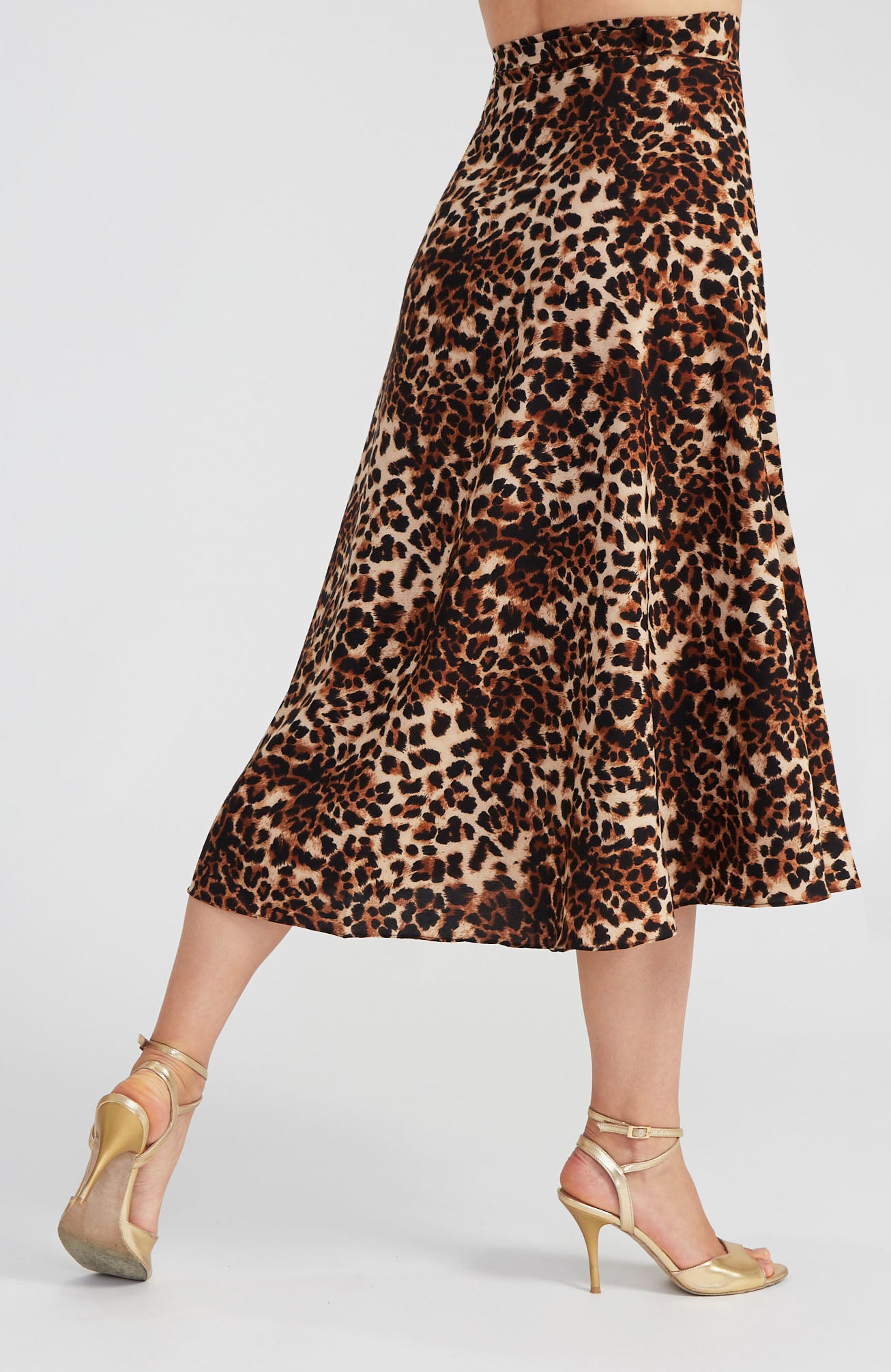 Leopard print long wrap tango skirt GINA with a fluid drape for dancing.