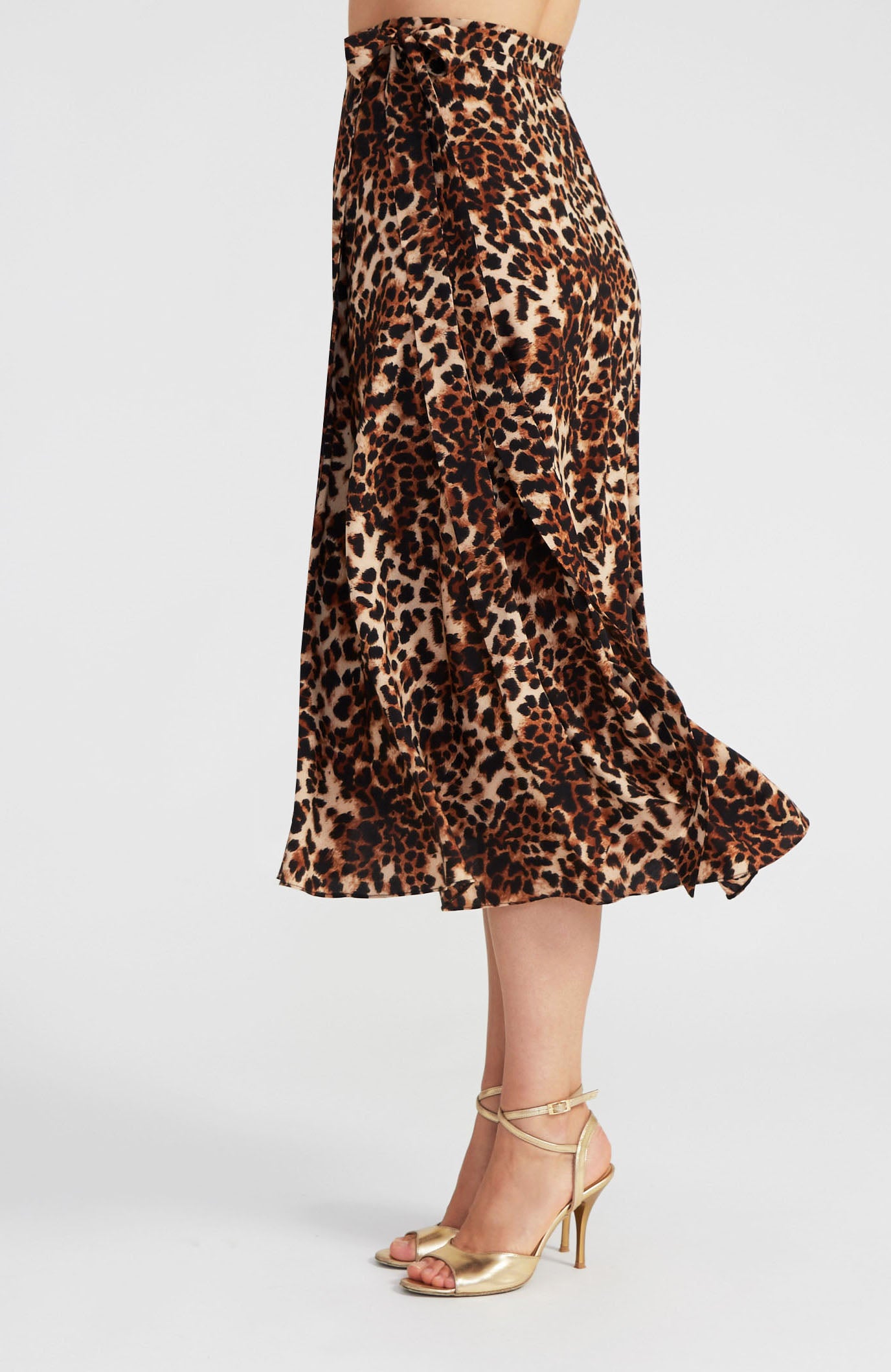 Leopard print long wrap tango skirt GINA with a fluid drape for dancing.
