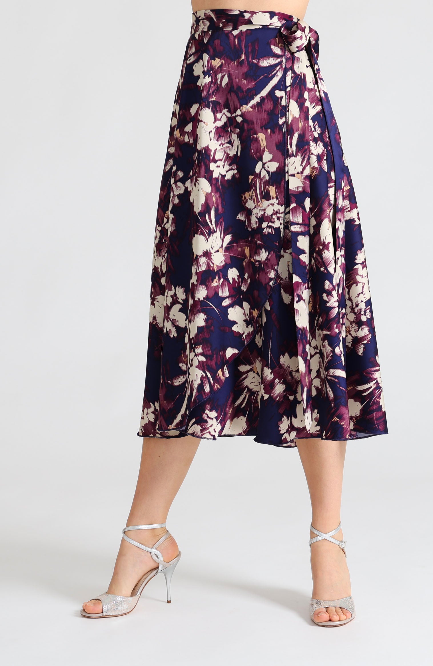 Long wrap tango skirt in blue abstract print – vibrant artistic design highlighting leg movement GINA.