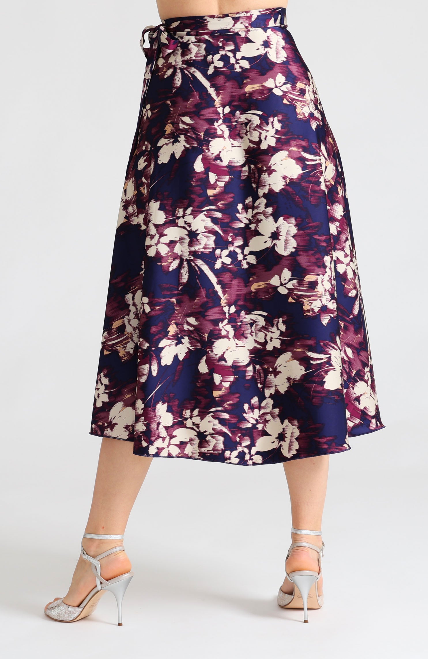 Long wrap tango skirt in blue abstract print – vibrant artistic design highlighting leg movement GINA.