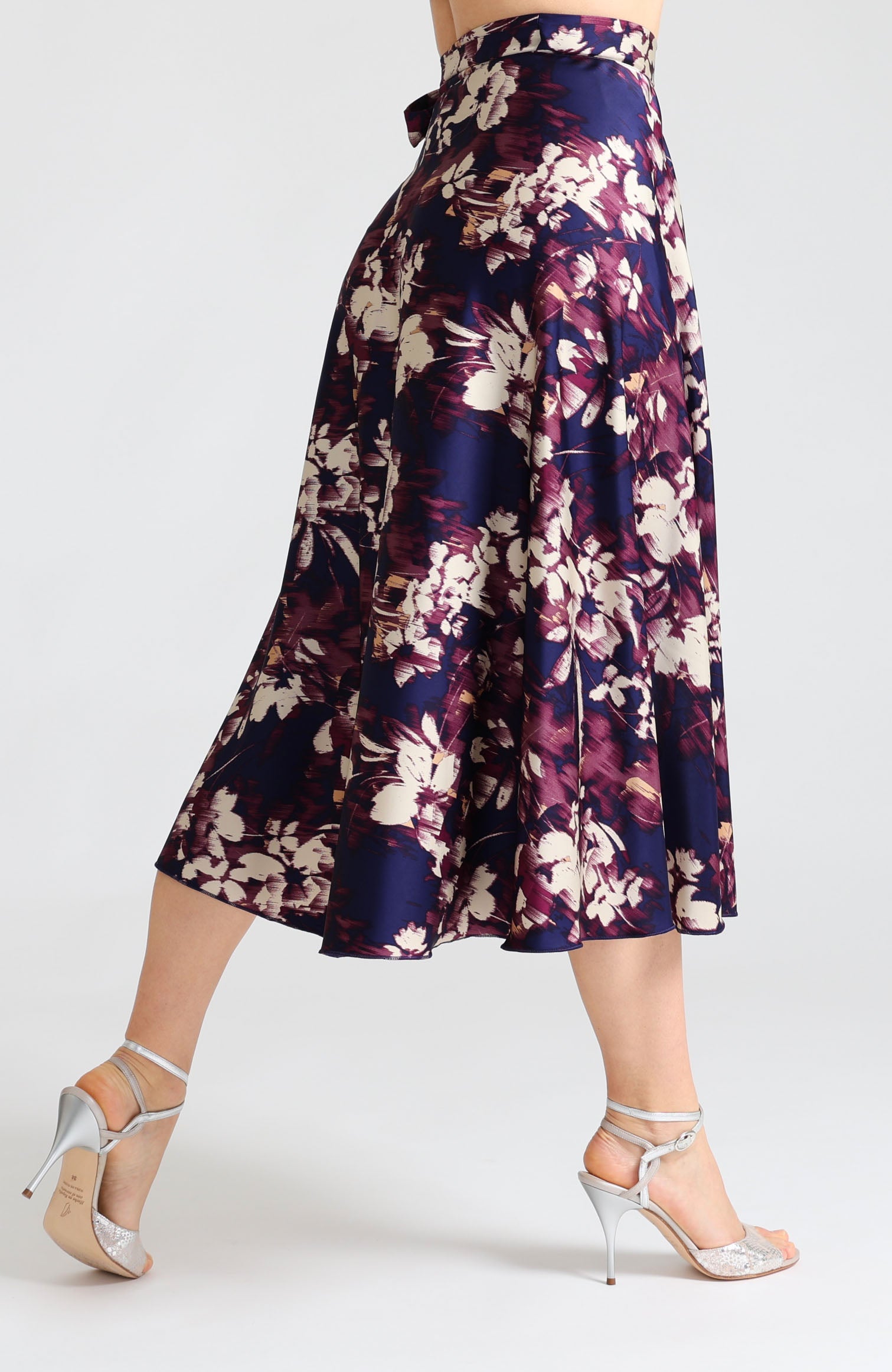 Long wrap tango skirt in blue abstract print – vibrant artistic design highlighting leg movement GINA.