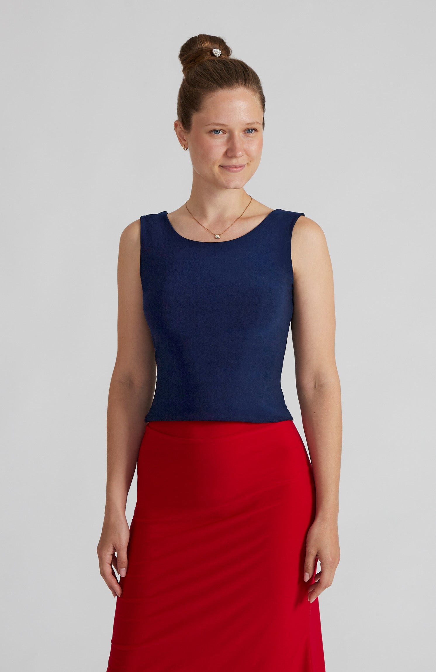 Navy blue tango top DANIELA with a bateau neckline; a double-layered stretch crop top for dance and evening wear.