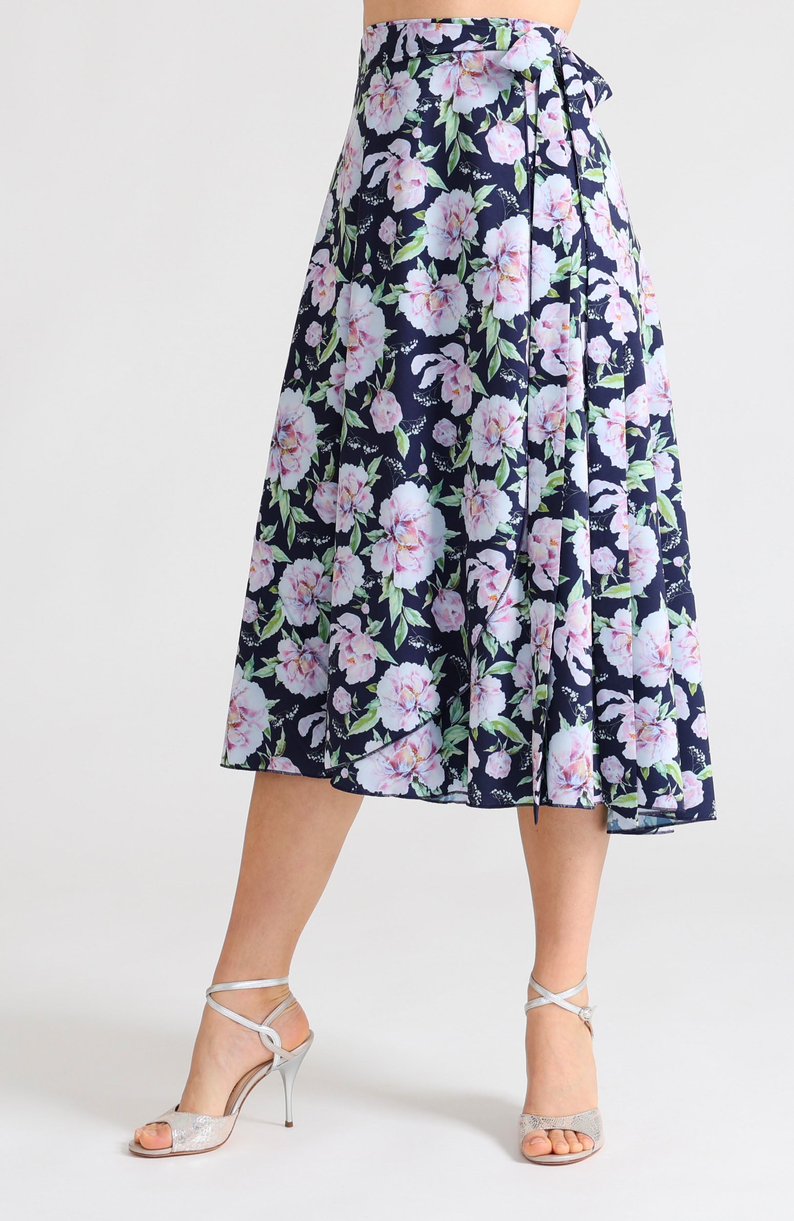 Long wrap tango skirt in peony blossoms floral print with bow – flowing floor-length silhouette for dance.