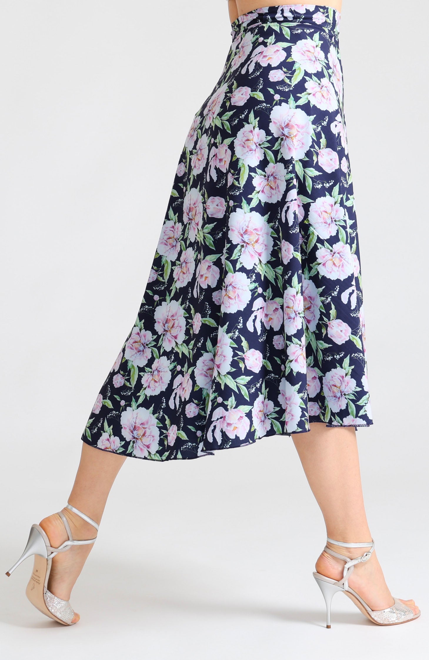 Long wrap tango skirt in peony blossoms floral print – flowing floor-length silhouette for dance.